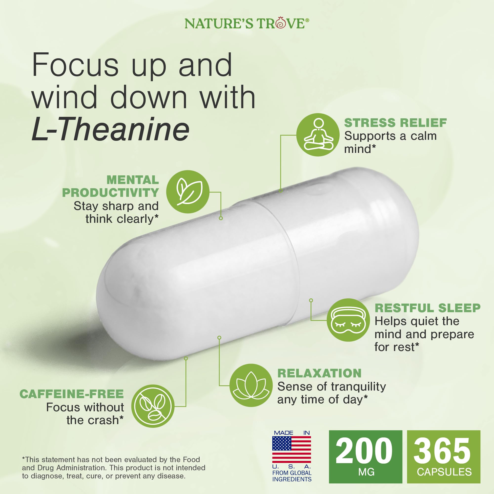 Nature's Trove L-Theanine 200mg bottle side view