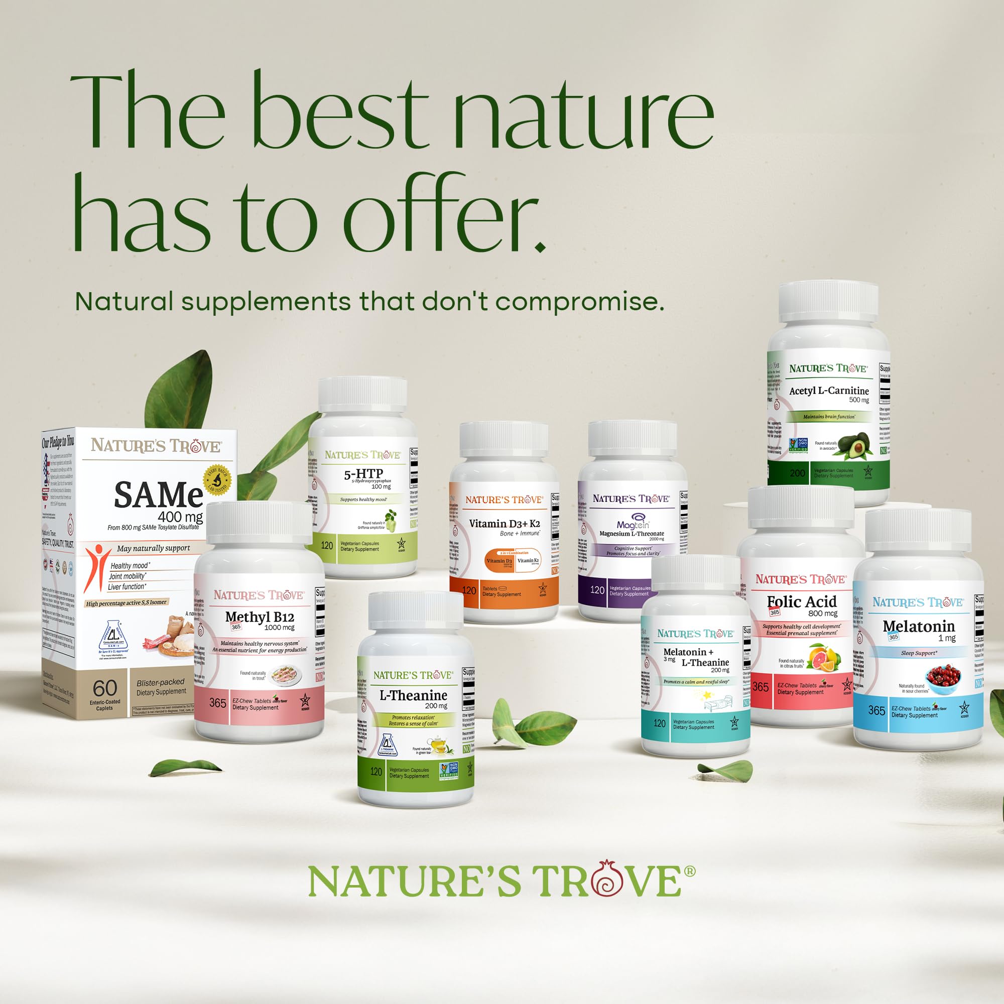 Nature's Trove L-Theanine 200mg capsules on wooden table