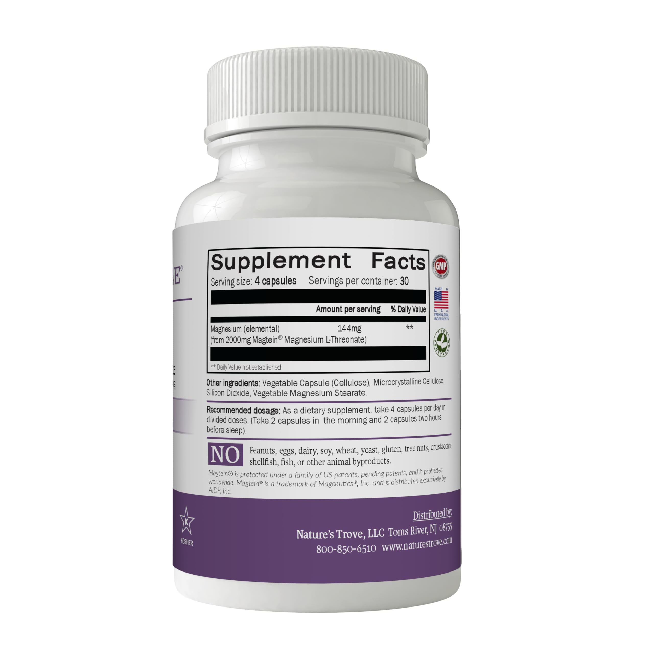 Nature's Trove Magnesium L-Threonate 2000mg capsules side view