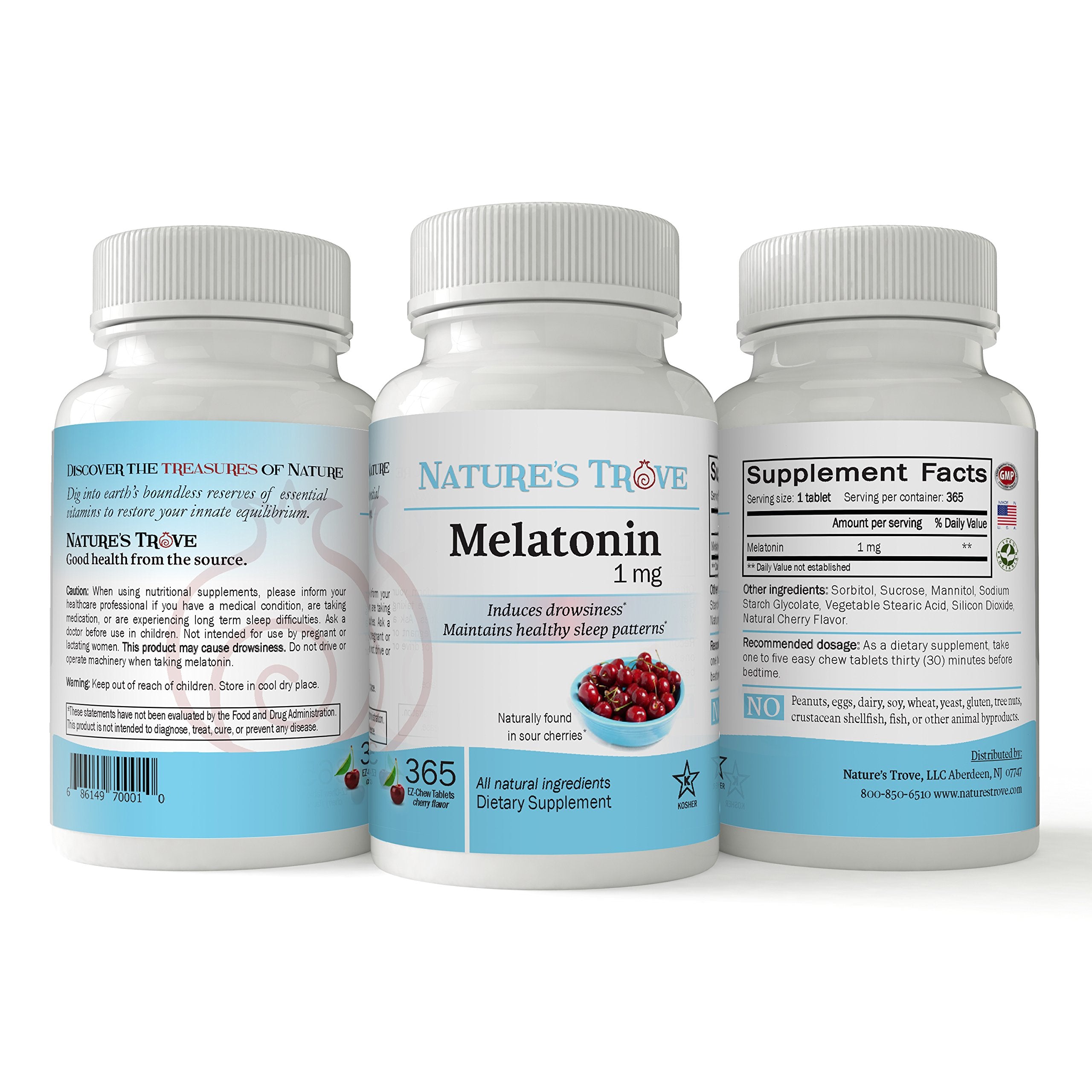 Nature's Trove Melatonin 1mg Cherry Chewable Tablets packaging