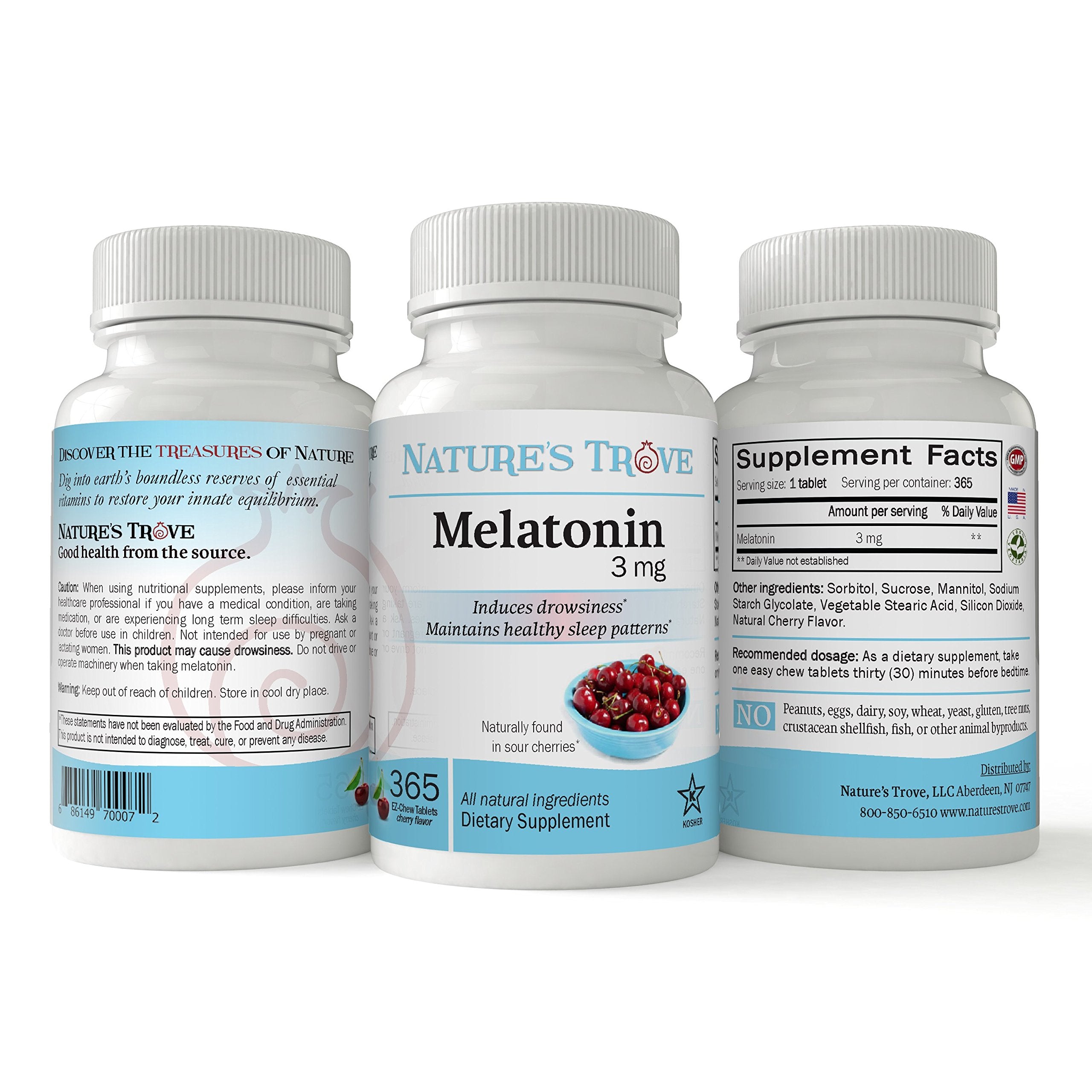 Nature's Trove Melatonin 3mg chewable tablets bottle side view showing 365 count