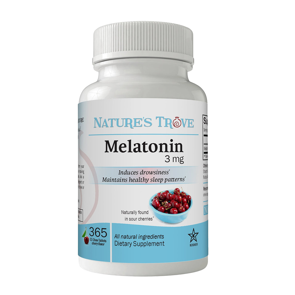 Nature's Trove Melatonin 3mg chewable tablets front view with cherry flavour