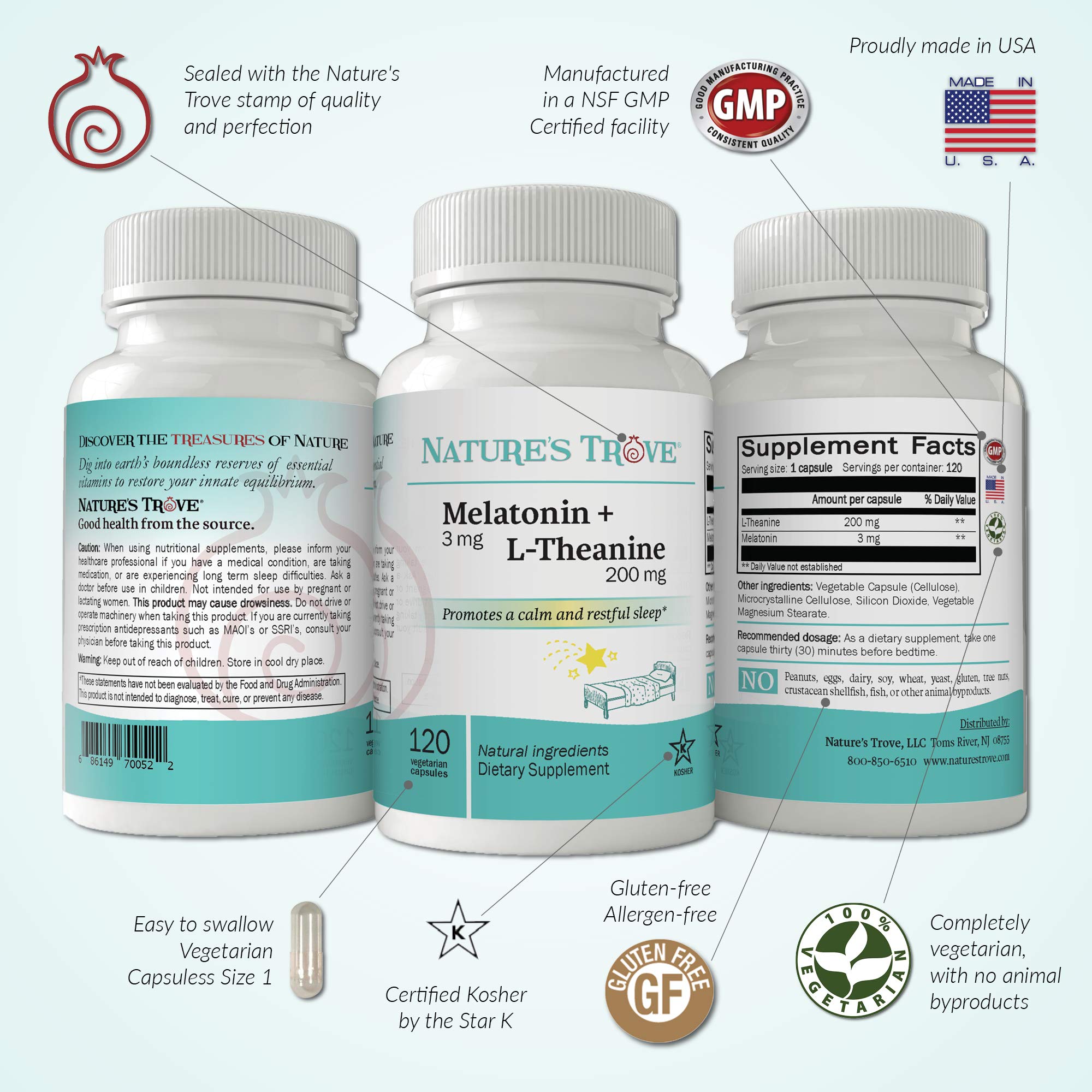 Nature's Trove Melatonin + L-Theanine capsules on a wooden surface