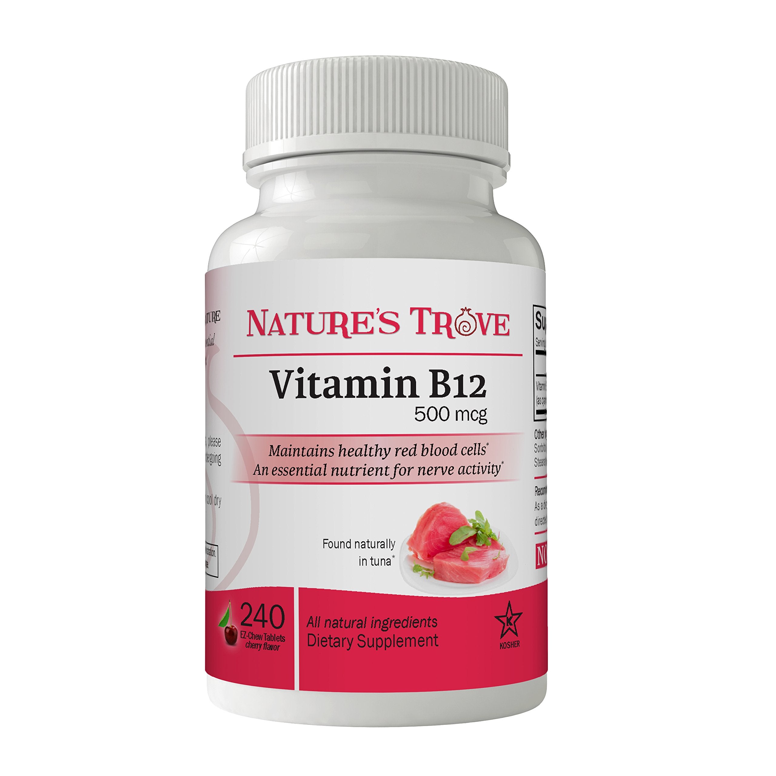 Nature's Trove Vitamin B12 Chewable Tablets cherry flavour front view