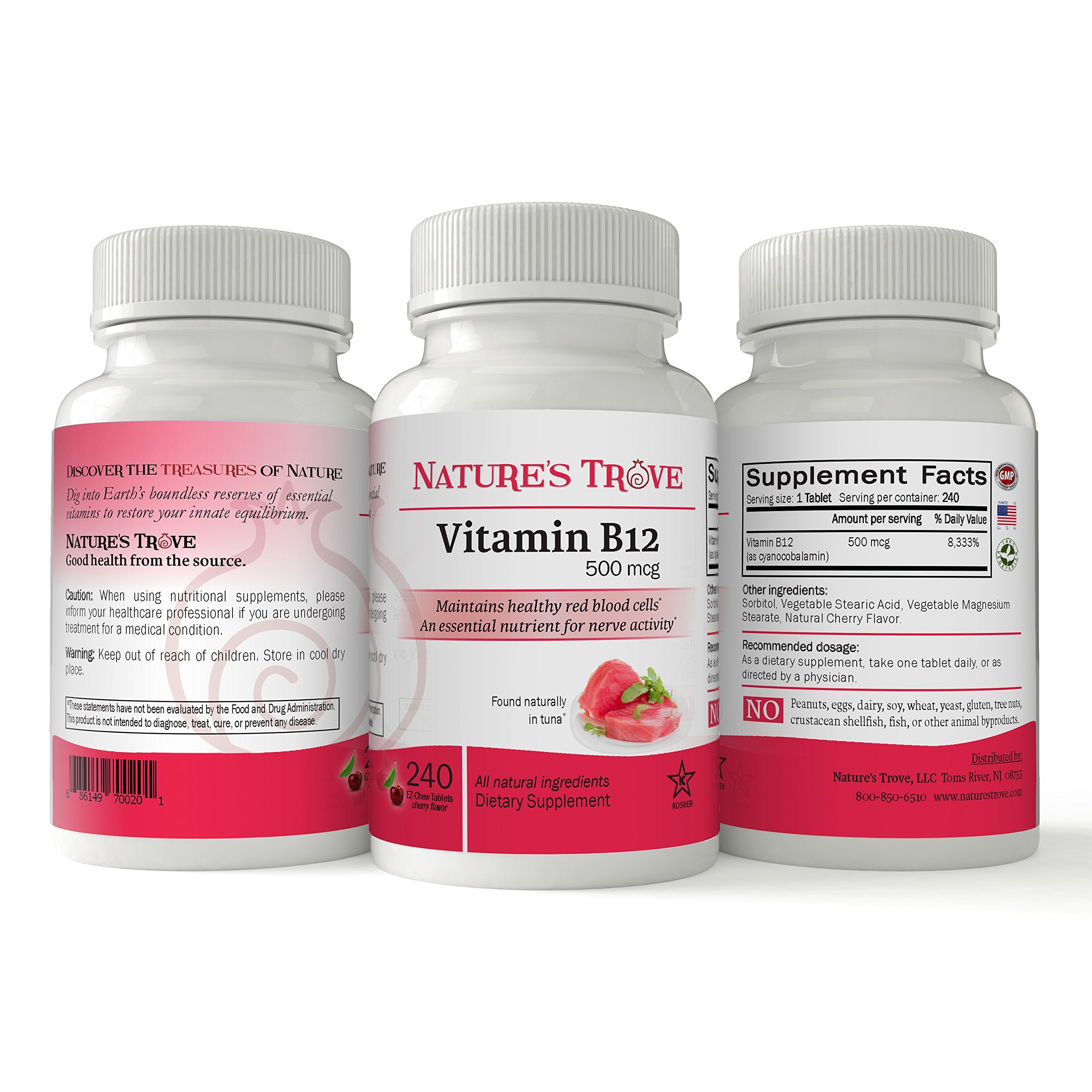 Nature's Trove Vitamin B12 Chewable Tablets cherry flavour side view