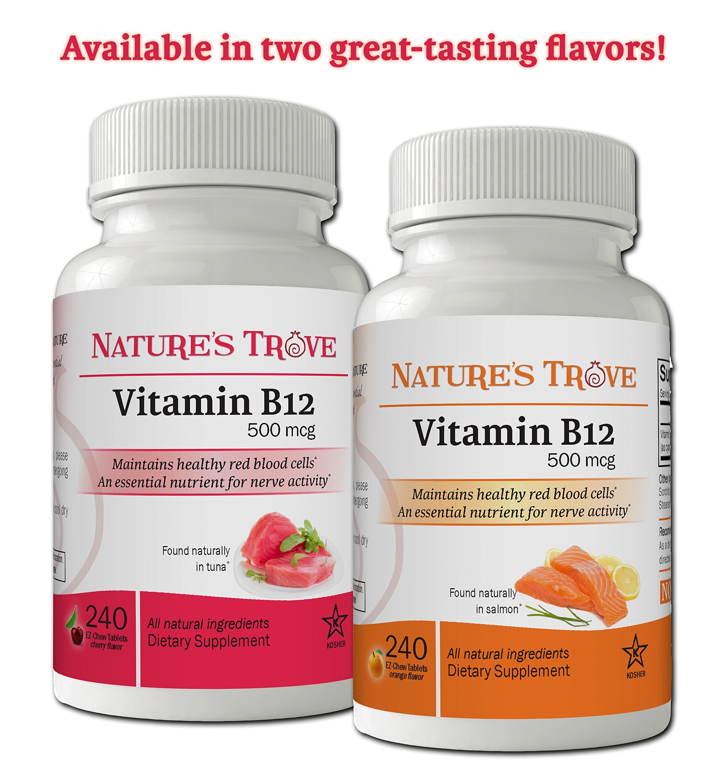 Nature's Trove Vitamin B12 Chewable Tablets cherry flavour with a tablet in hand