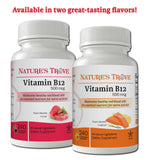 Nature's Trove Vitamin B12 Chewable Tablets cherry flavour with a tablet in hand