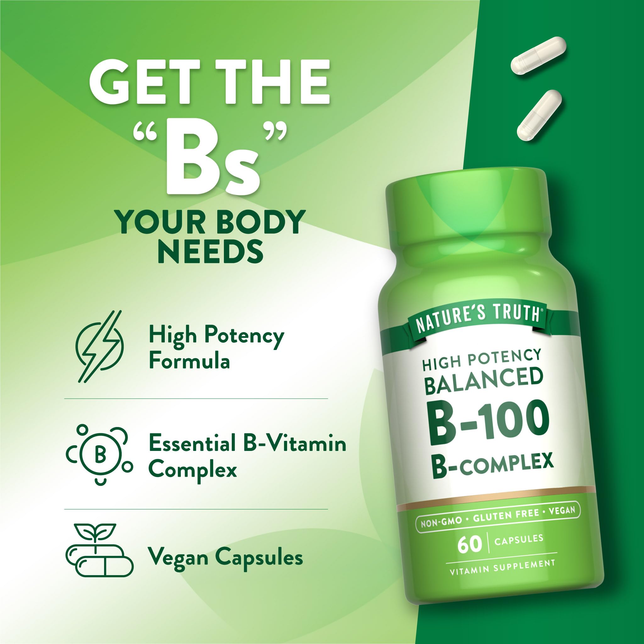 Nature's Truth B-Complex Vitamins 100mg vegan capsules with measuring spoon