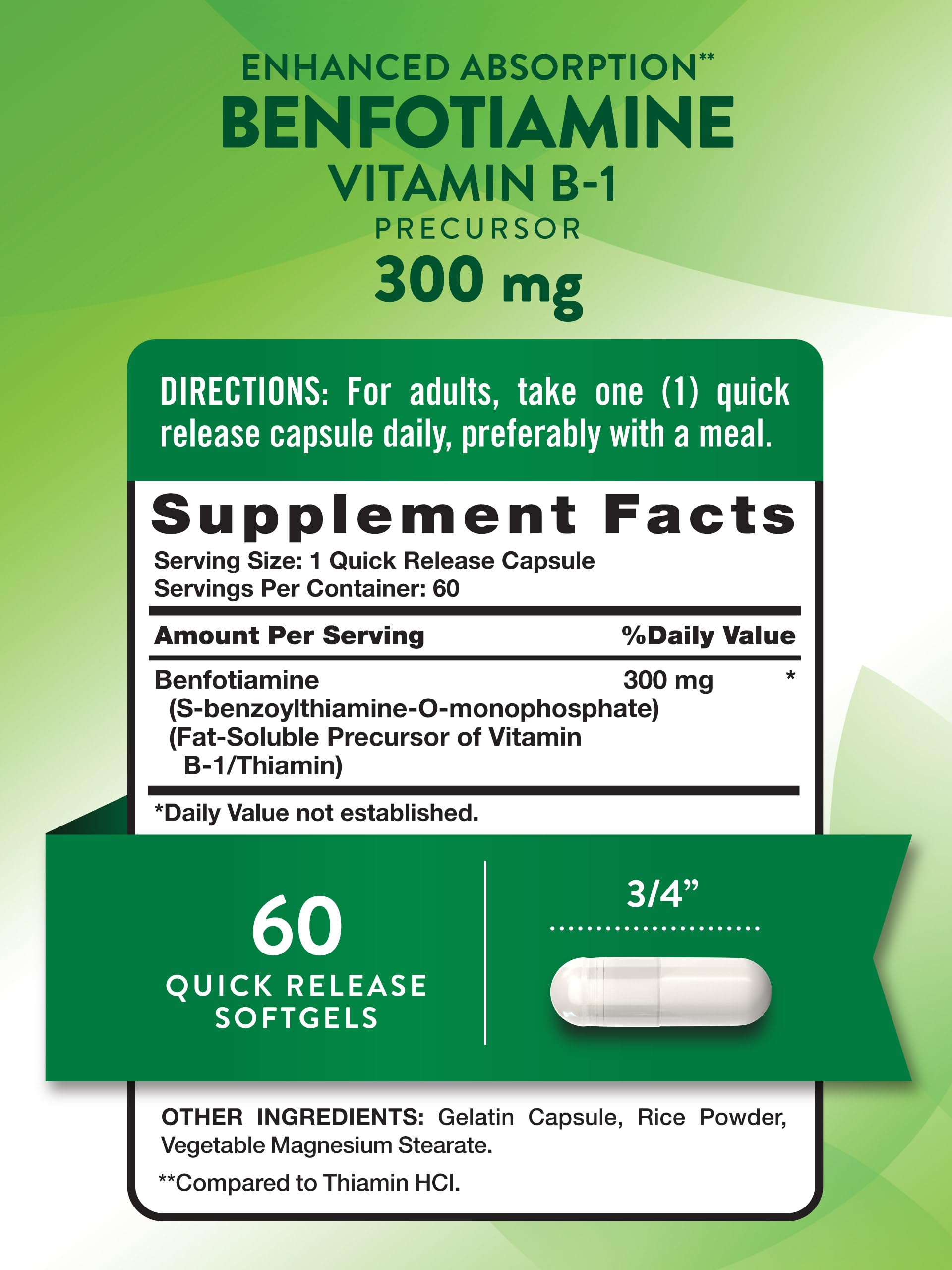 Nature's Truth Benfotiamine 300mg Vitamin B1 capsules bottle with label