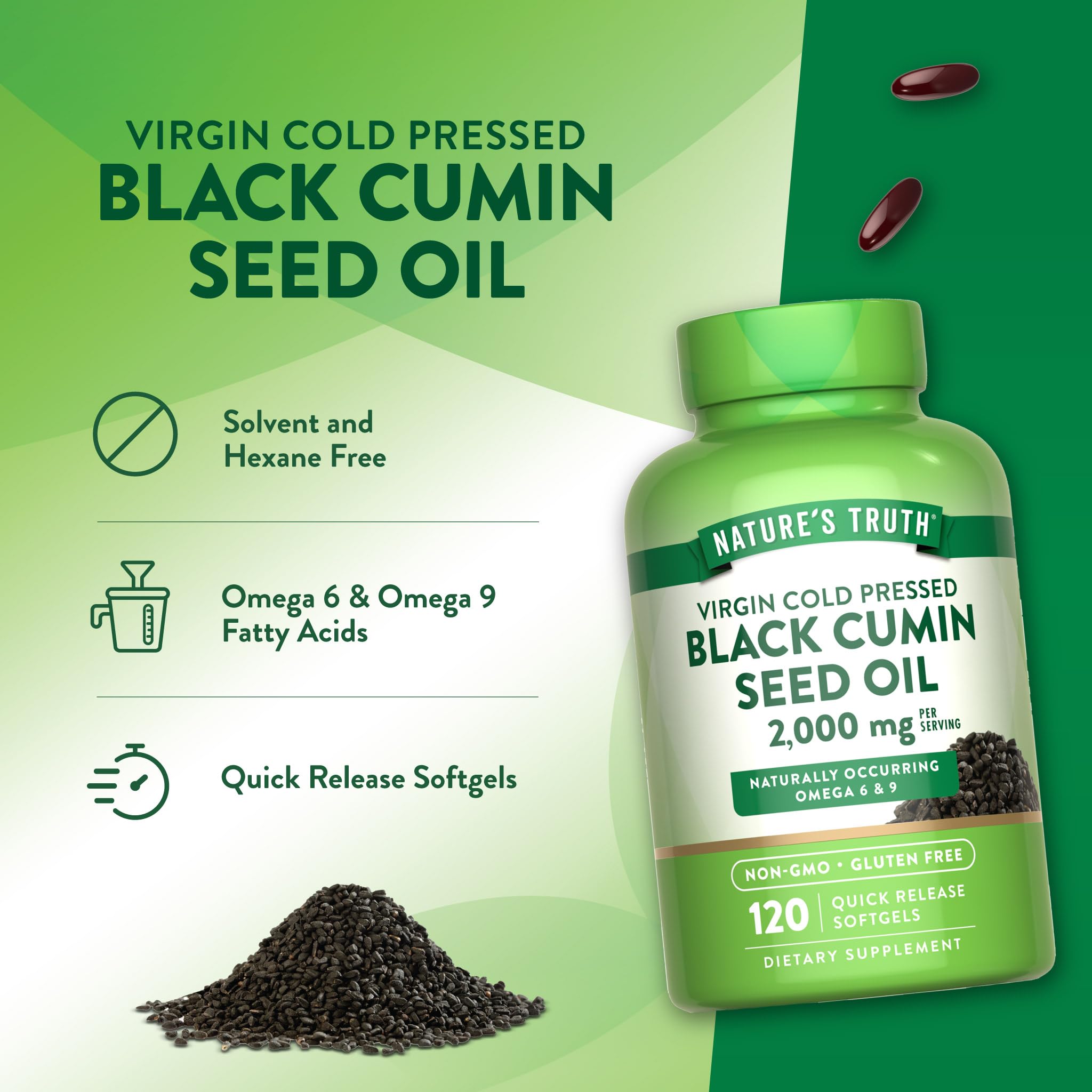 Nature's Truth Black Cumin Seed Oil Softgels with a measuring spoon