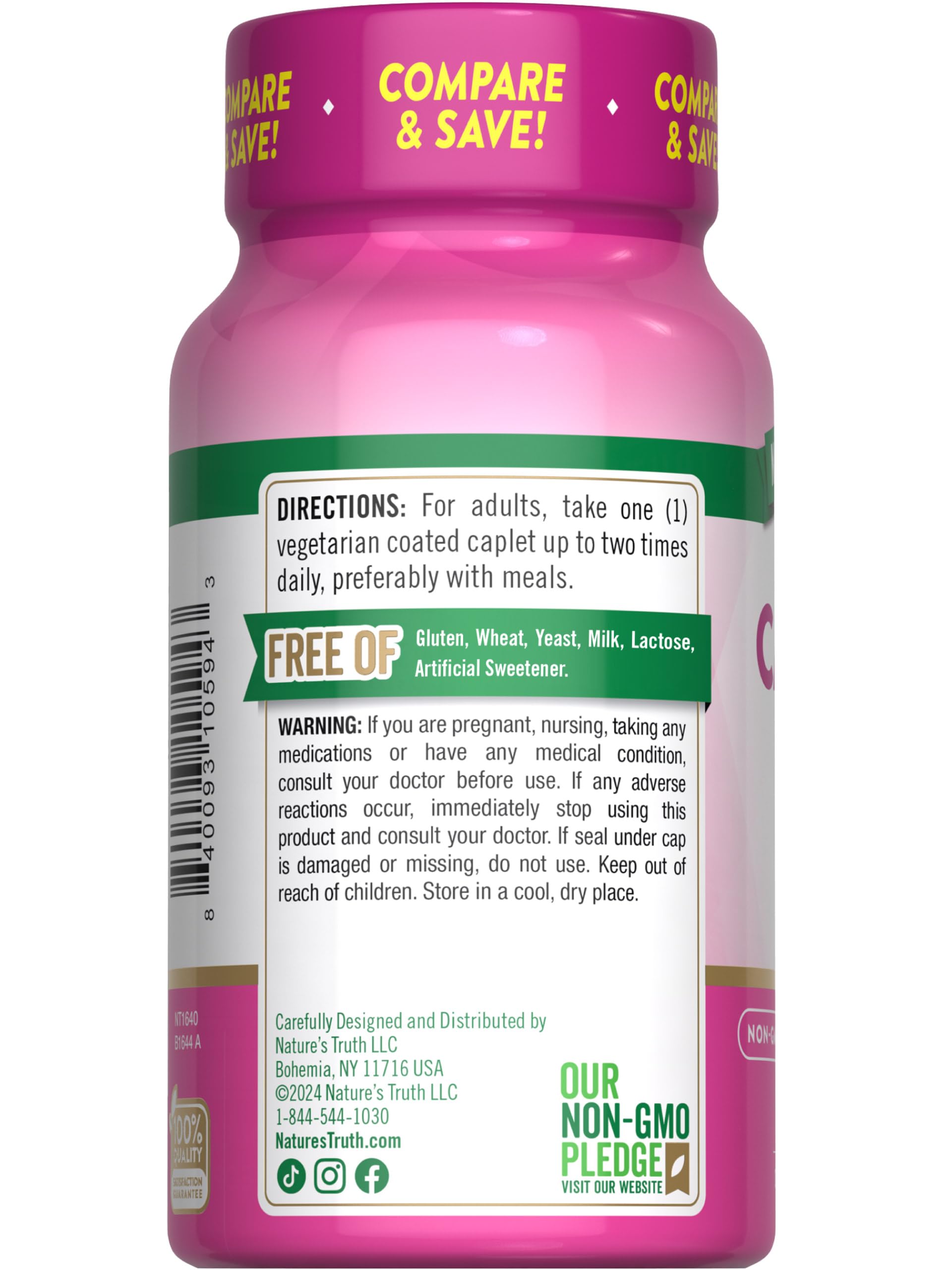Nature's Truth Calcium 500mg Vitamin D3 caplet packaging details