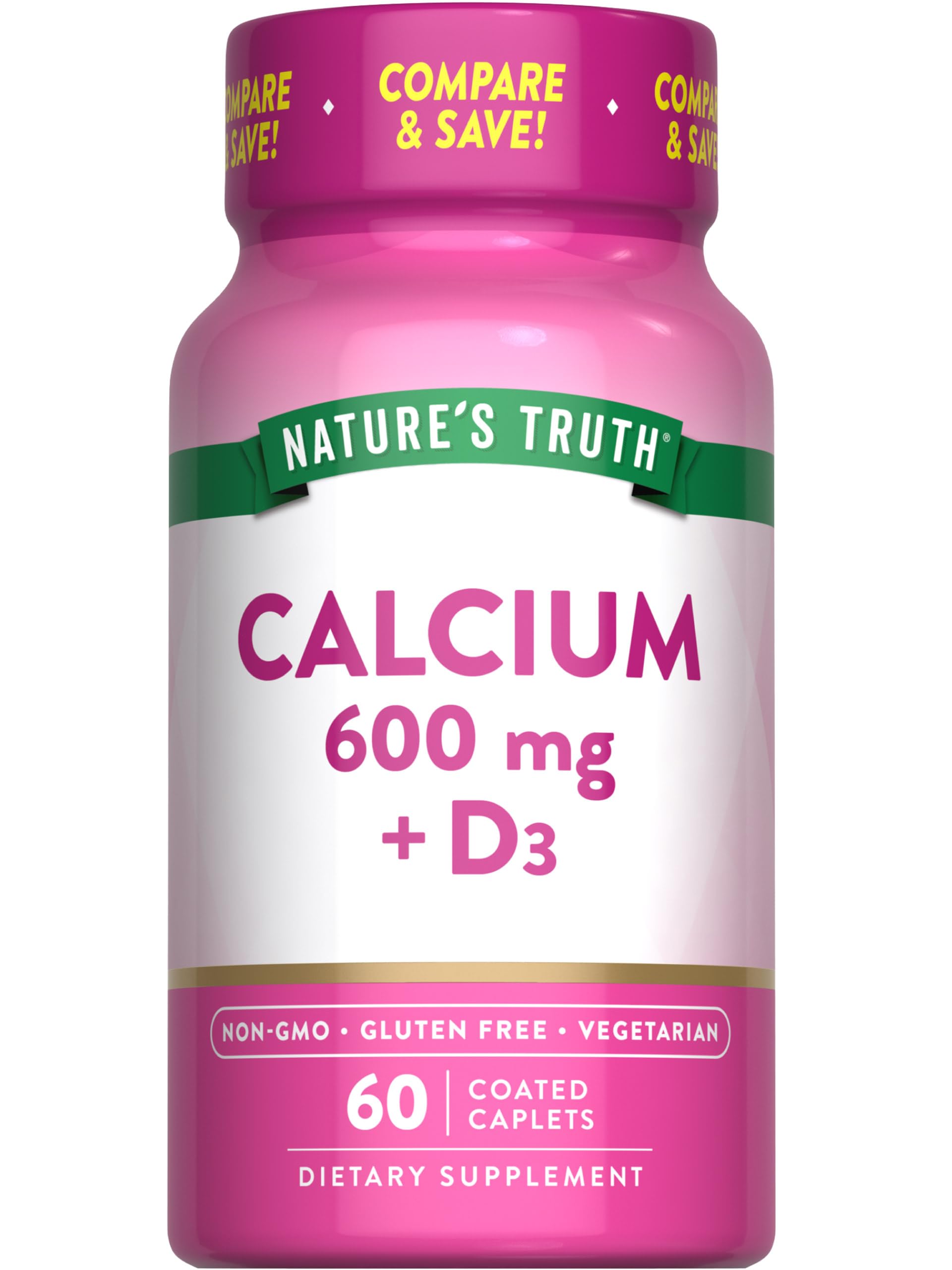 Nature's Truth Calcium 500mg Vitamin D3 Vegetarian Caplets front view