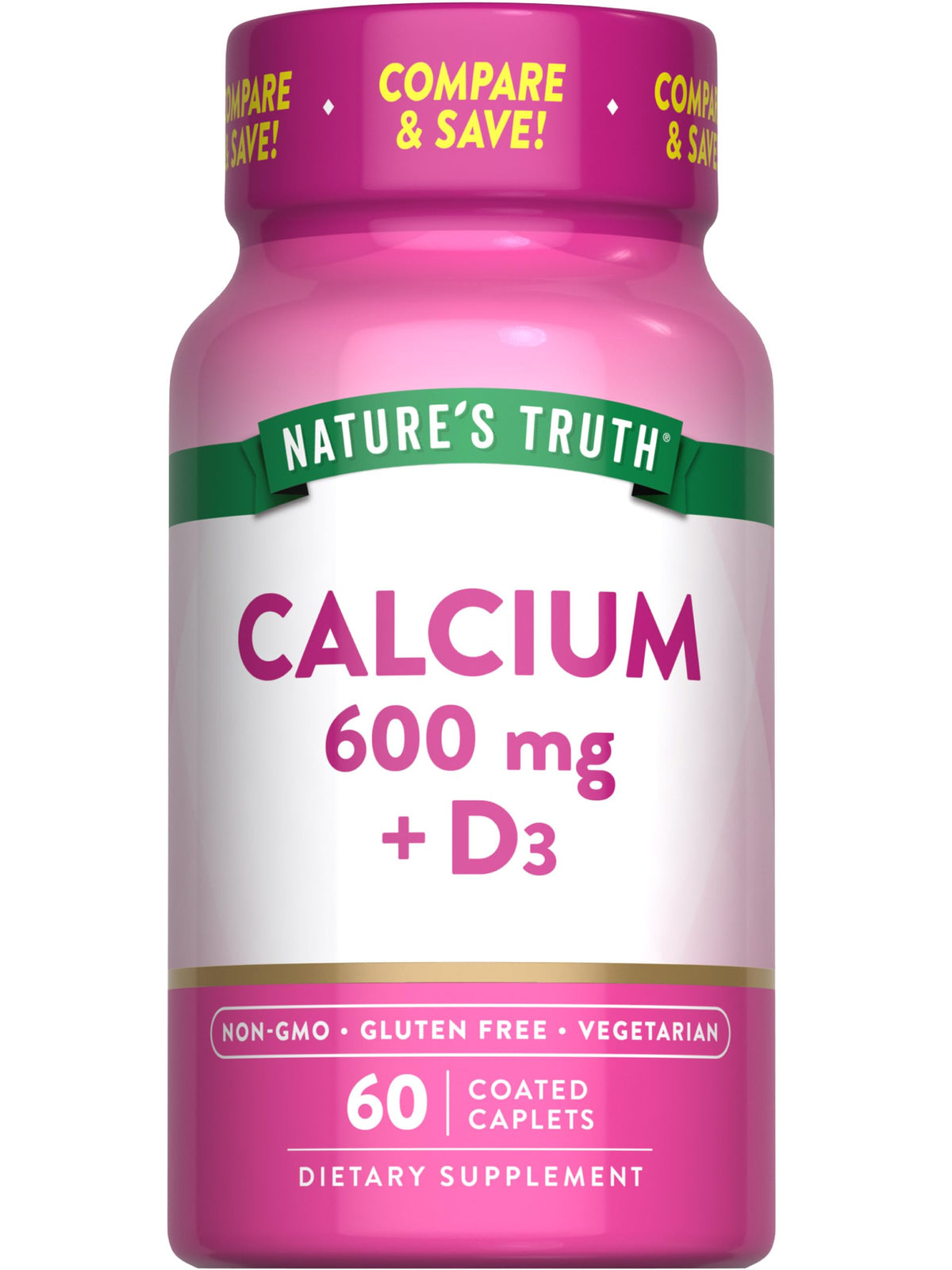 Nature's Truth Calcium 500mg Vitamin D3 Vegetarian Caplets front view
