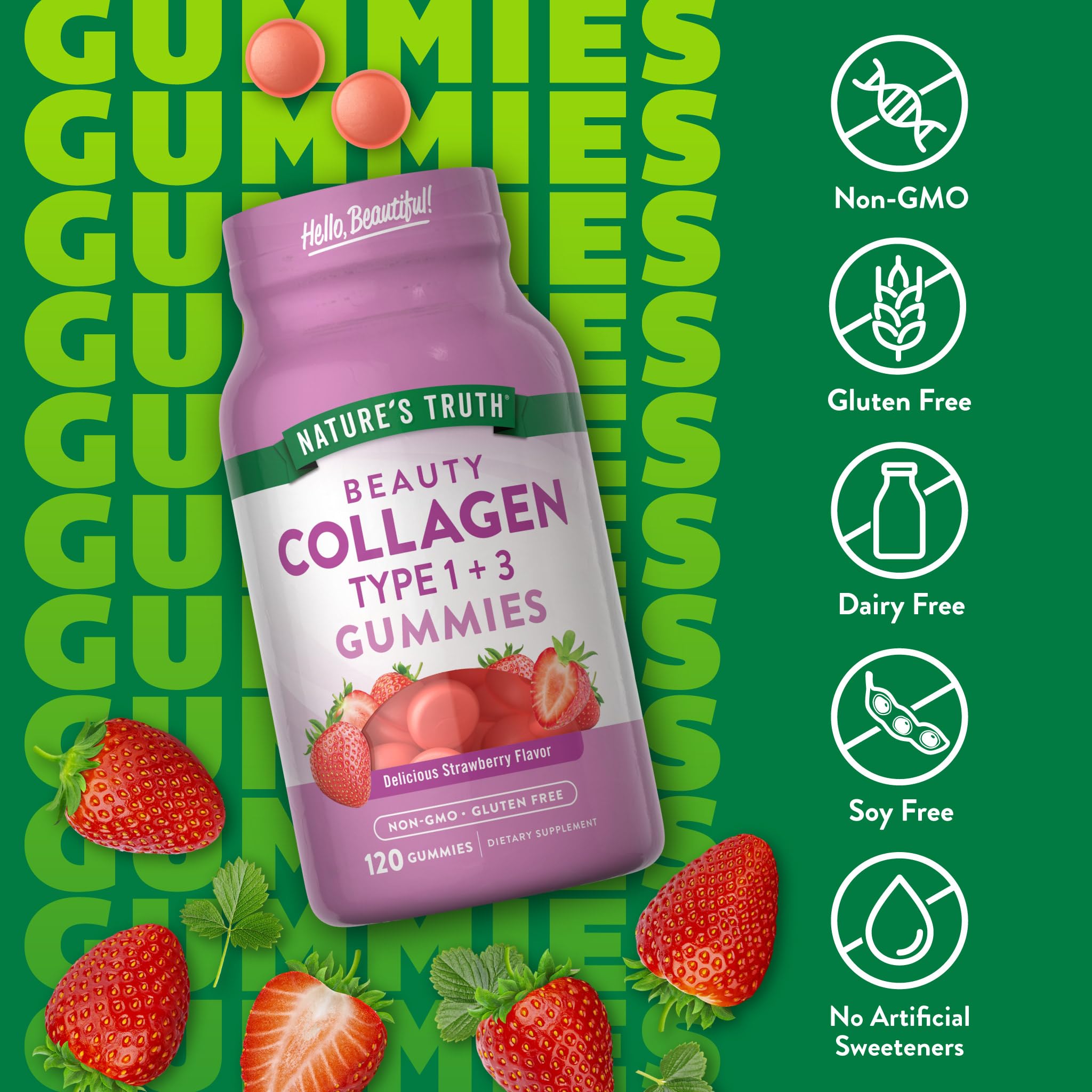 Nature's Truth Collagen Peptides Gummies with a hand holding two gummies