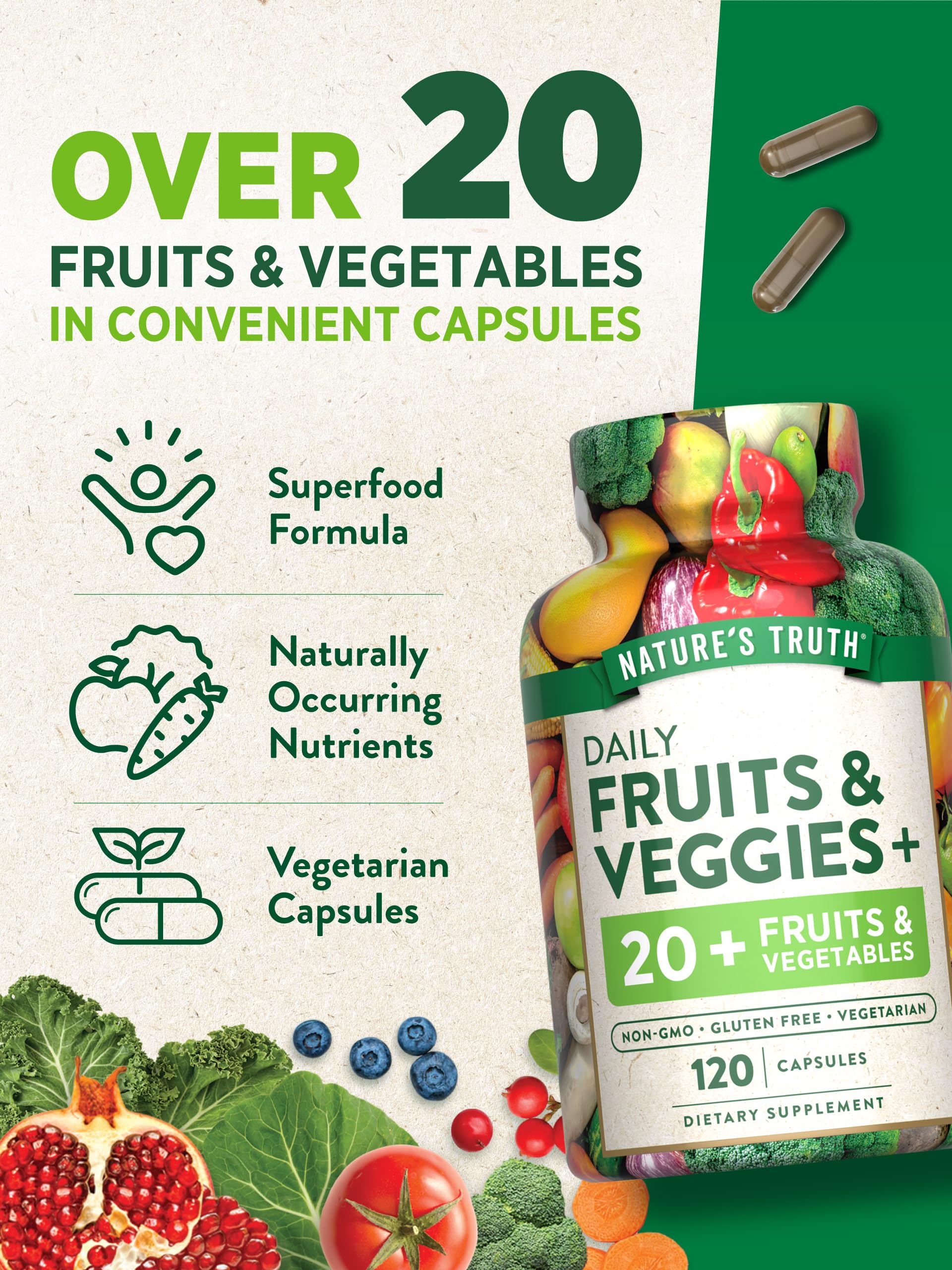 Nature's Truth Daily Fruits & Veggies supplement on a wooden table