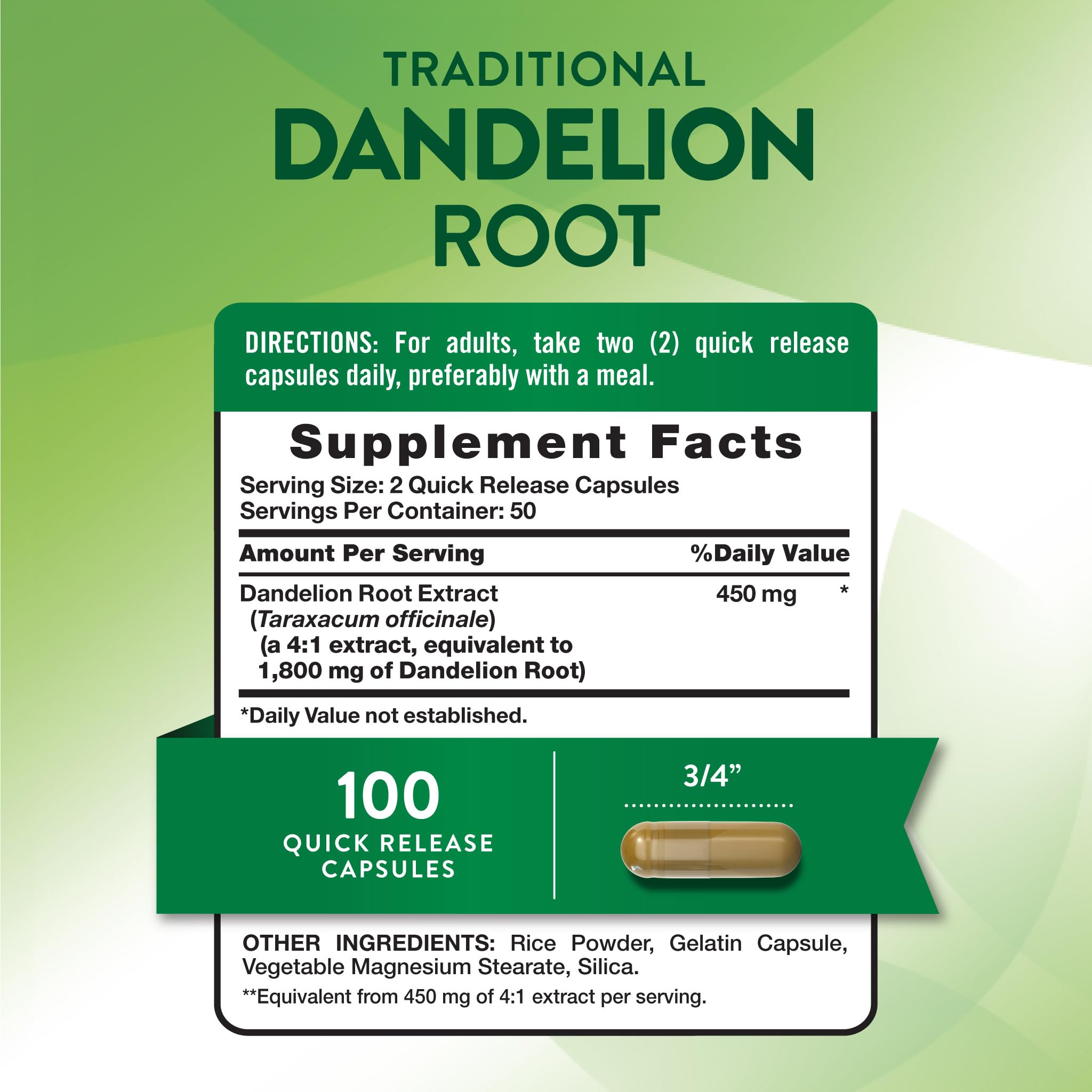 Nature's Truth Dandelion Root Capsules side view showing capsule details