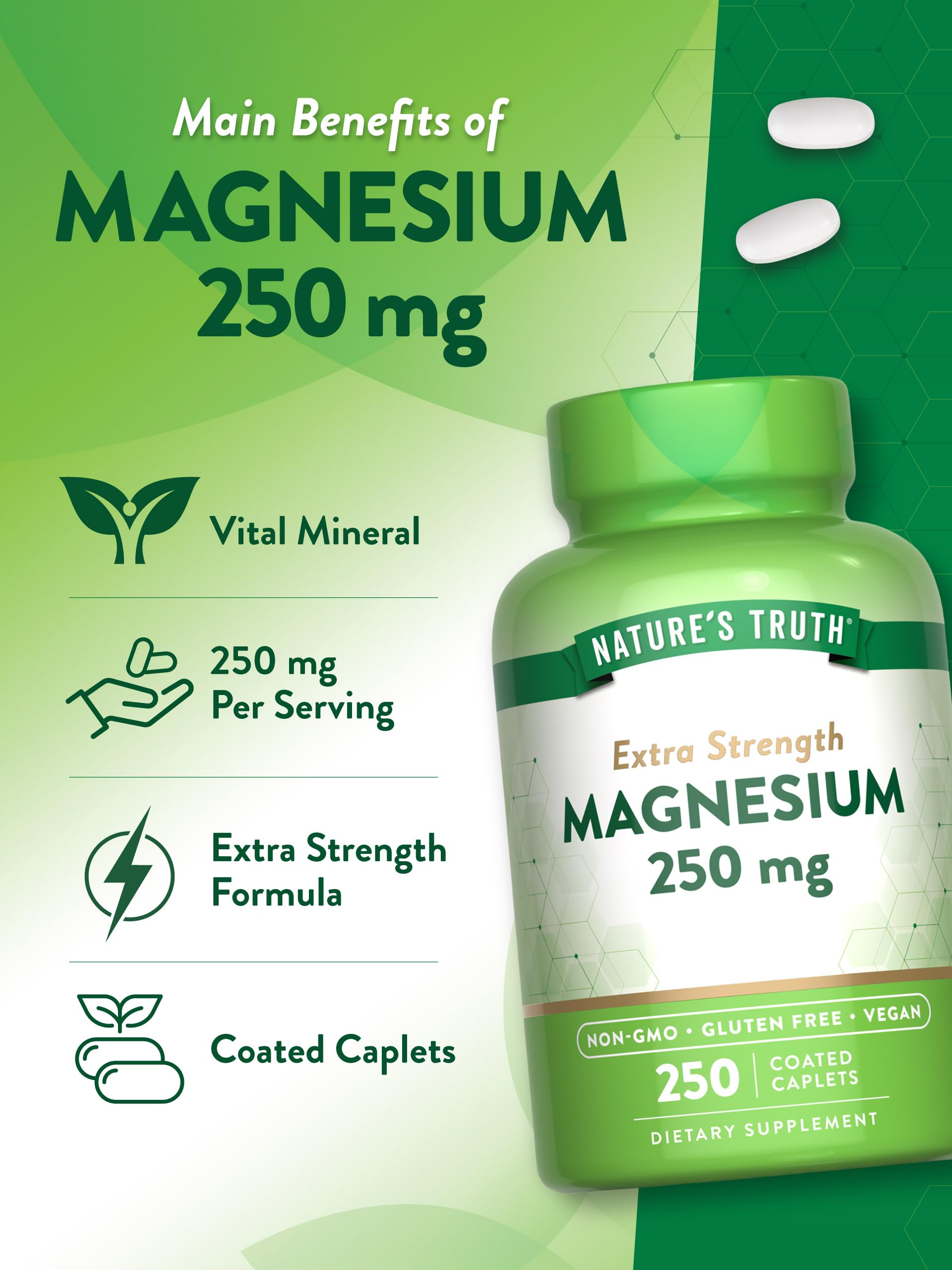 Nature's Truth Extra Strength Magnesium 250 mg Vegan Caplets back view