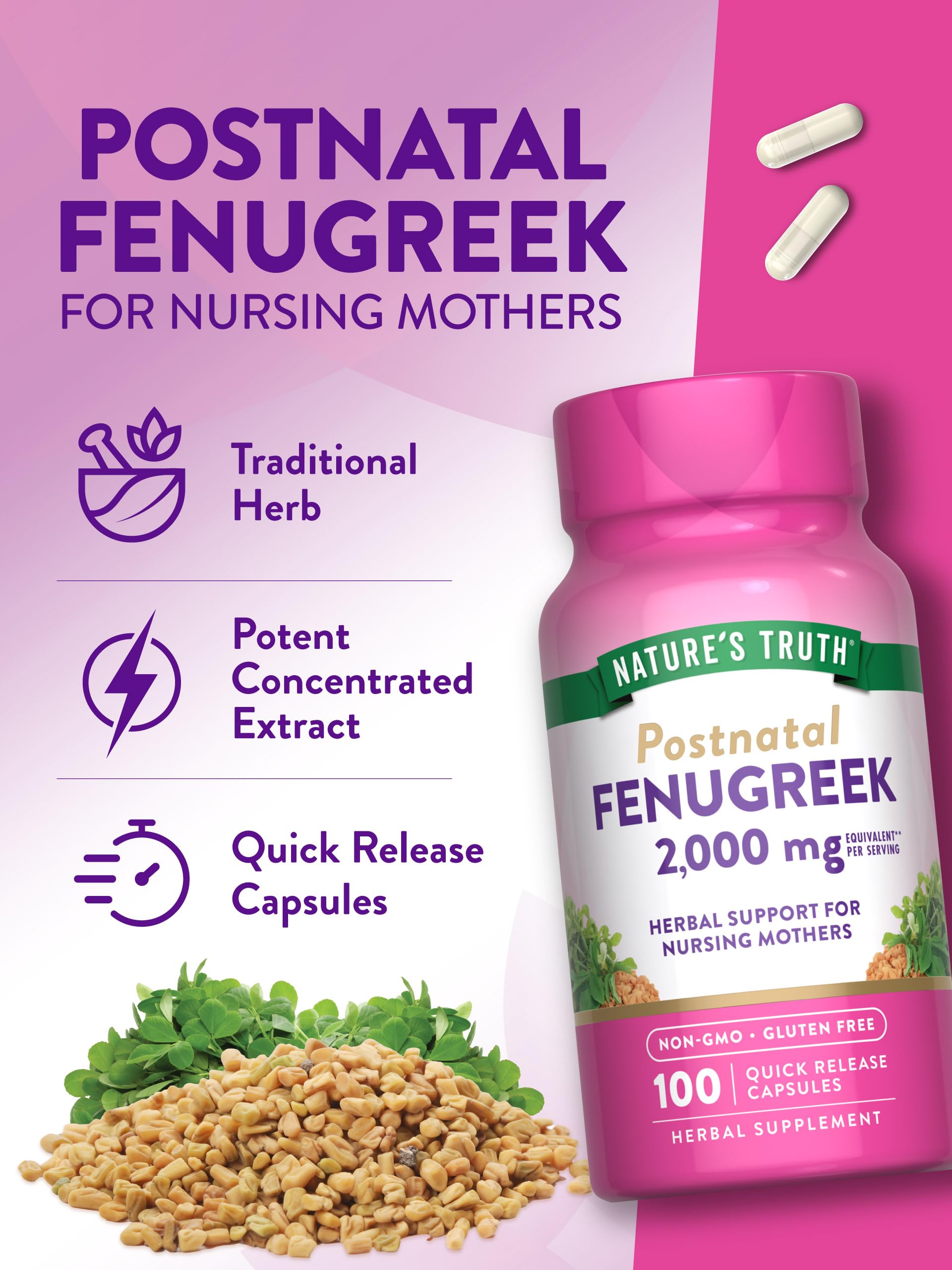 Nature's Truth Fenugreek Capsules on a wooden surface
