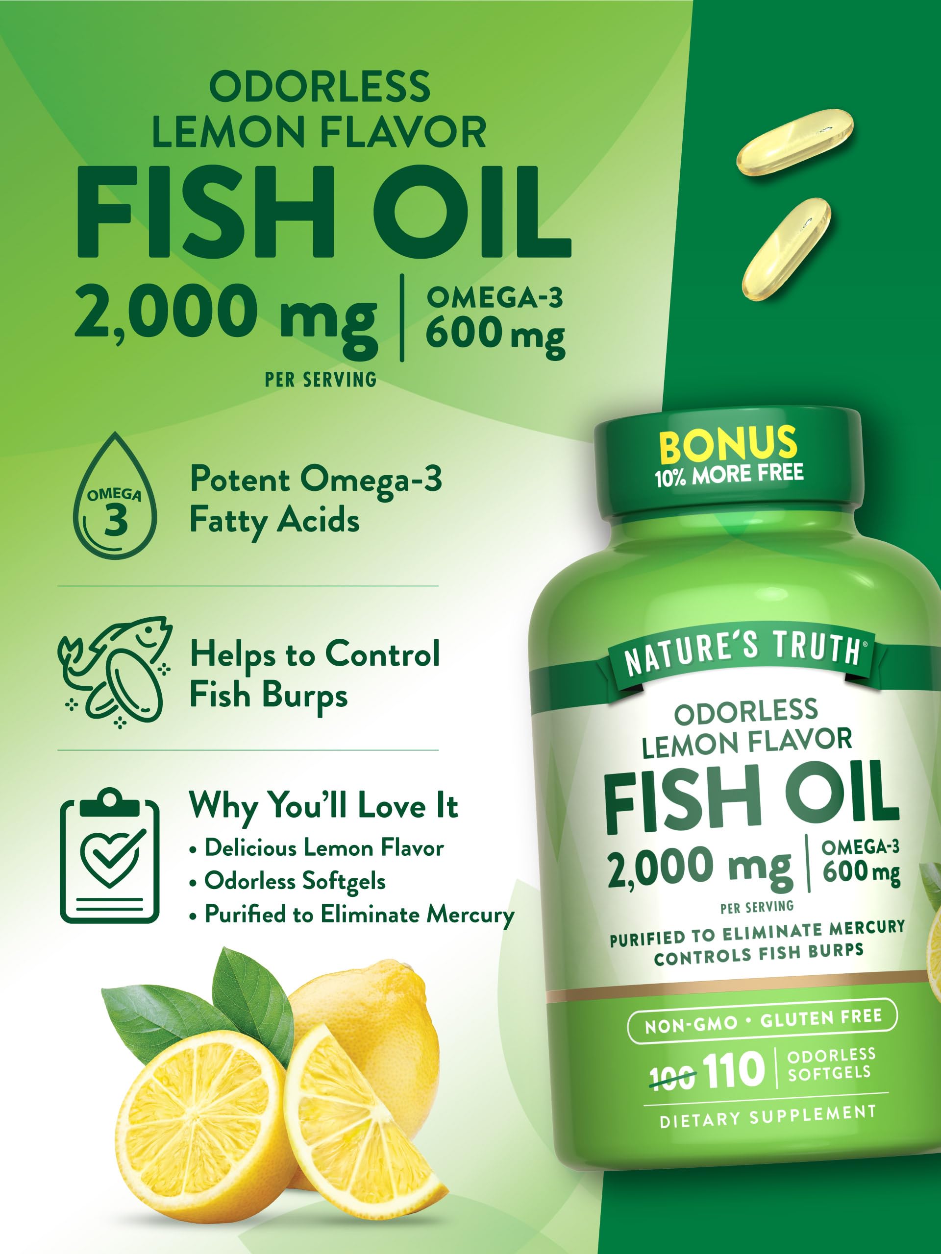 Nature's Truth Fish Oil 2000mg softgels on a wooden table