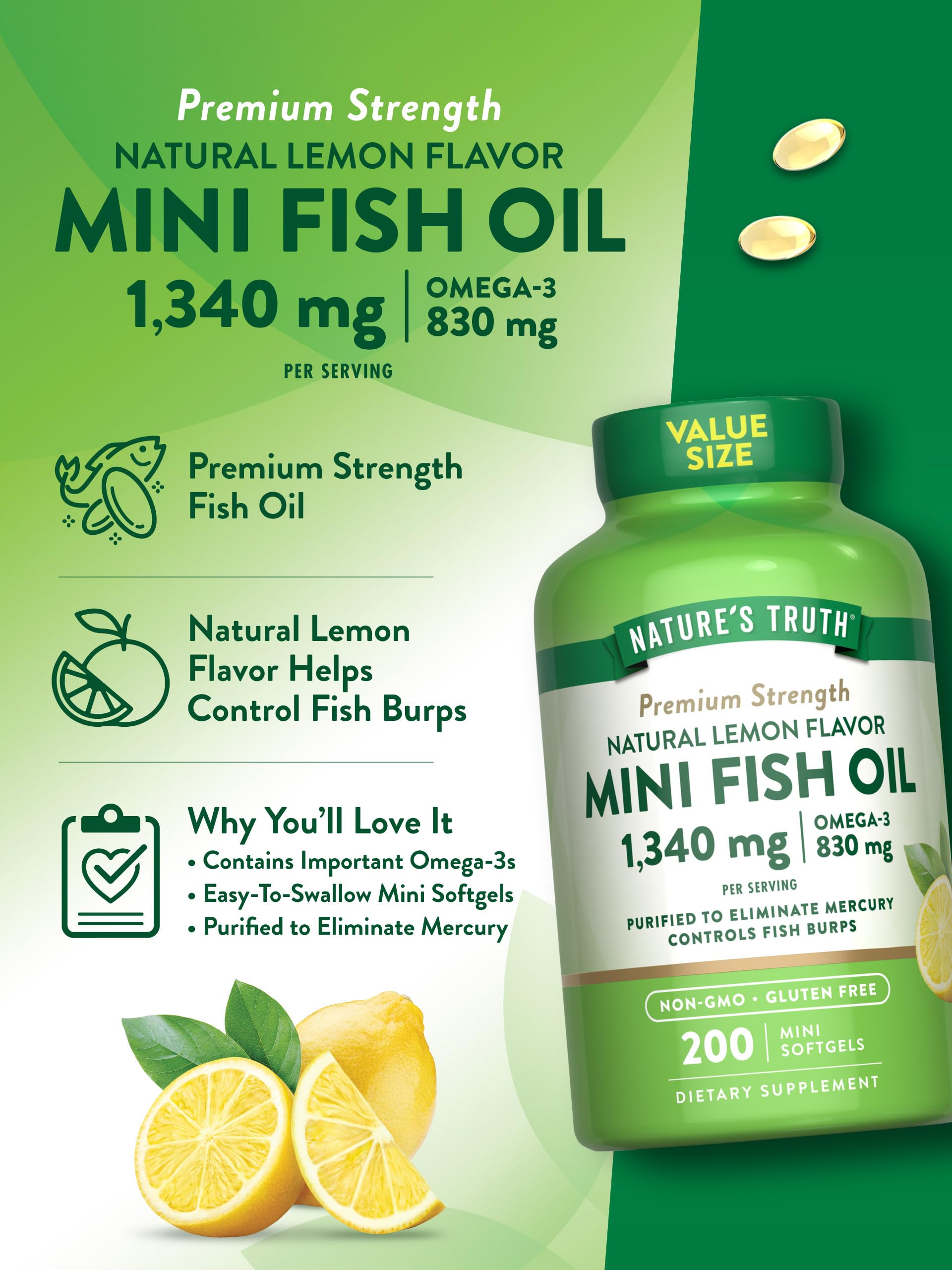 Nature's Truth Fish Oil Mini Softgels back view with dosage information