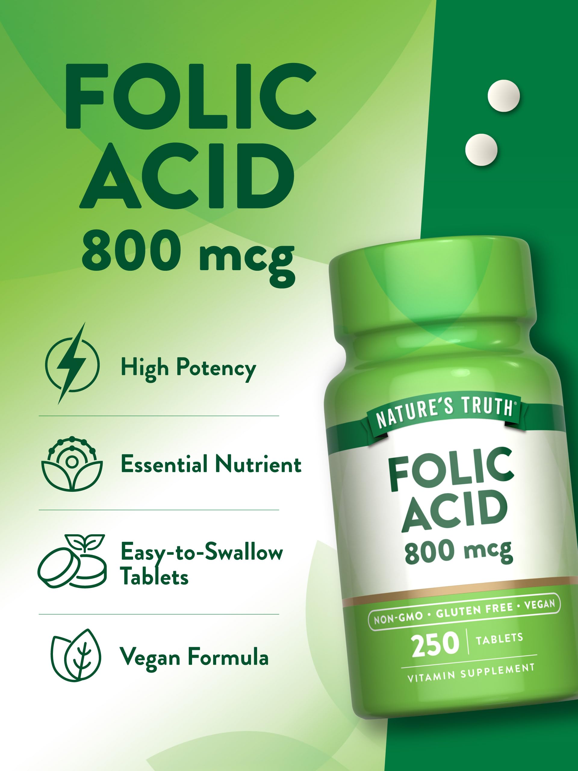 Nature's Truth Folic Acid Supplement 50g tablets close-up