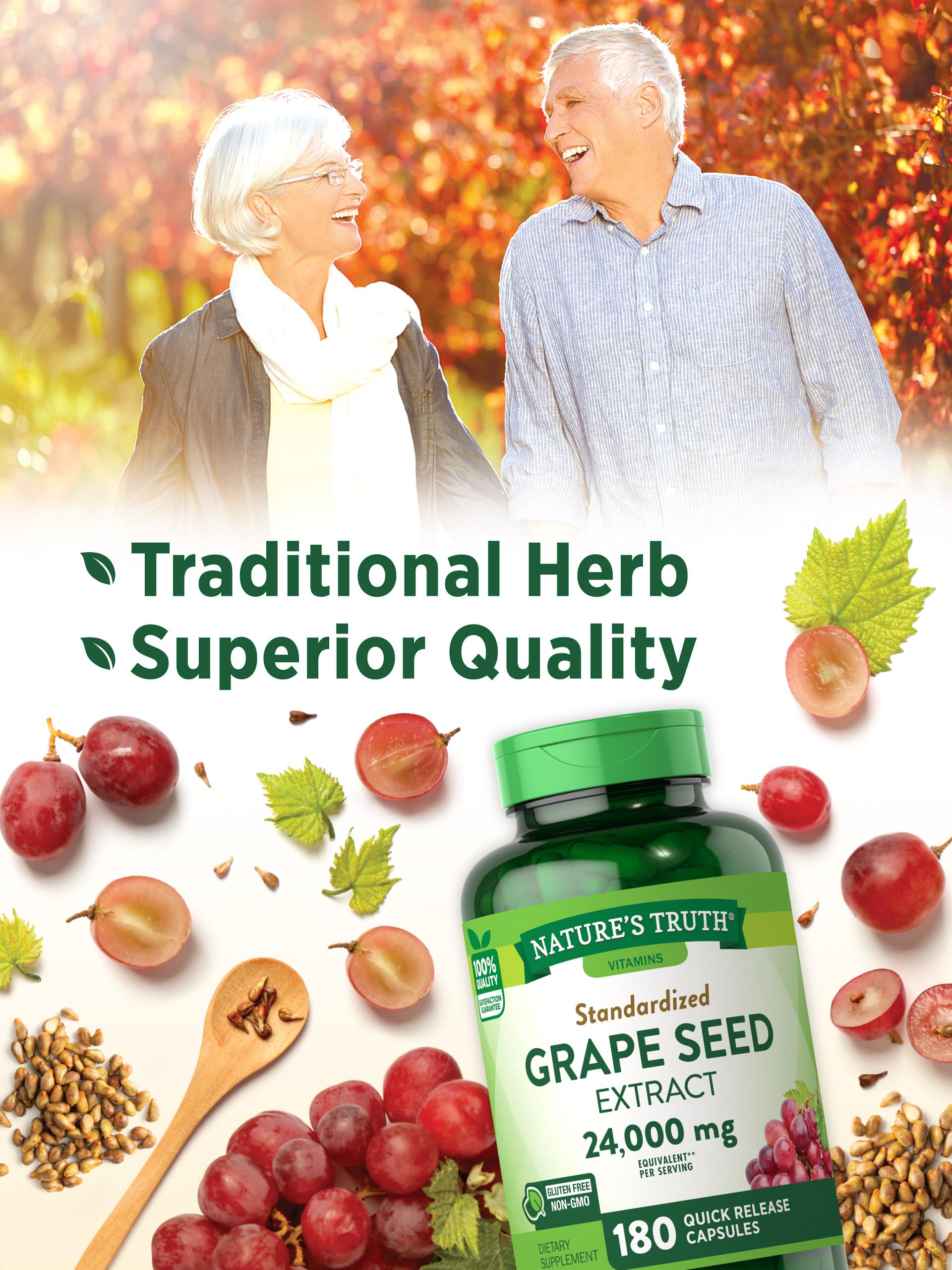 Nature's Truth Grape Seed Extract capsules on a wooden surface