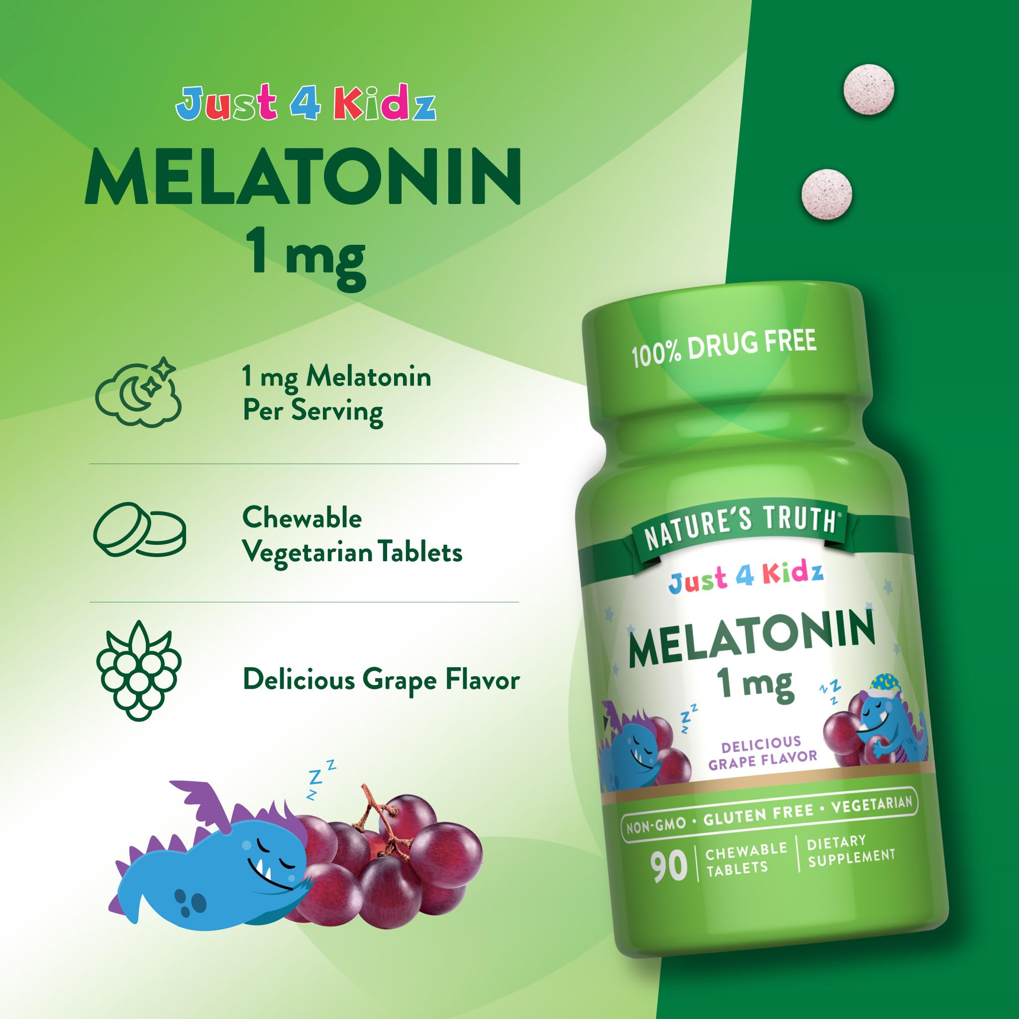 Nature's Truth Just 4 Kidz Melatonin Chewable Tablets on a table