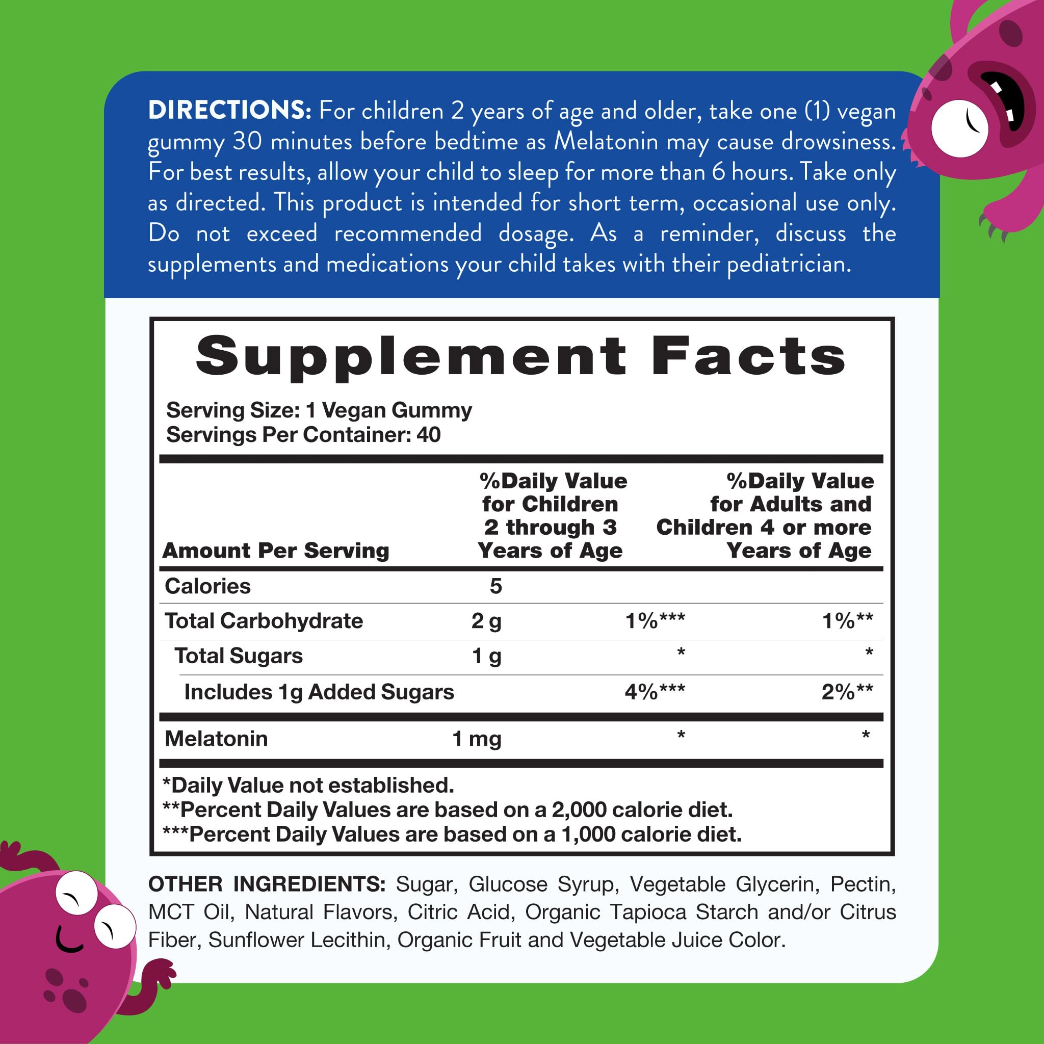 Nature's Truth Kids Melatonin Gummy back view showing ingredients