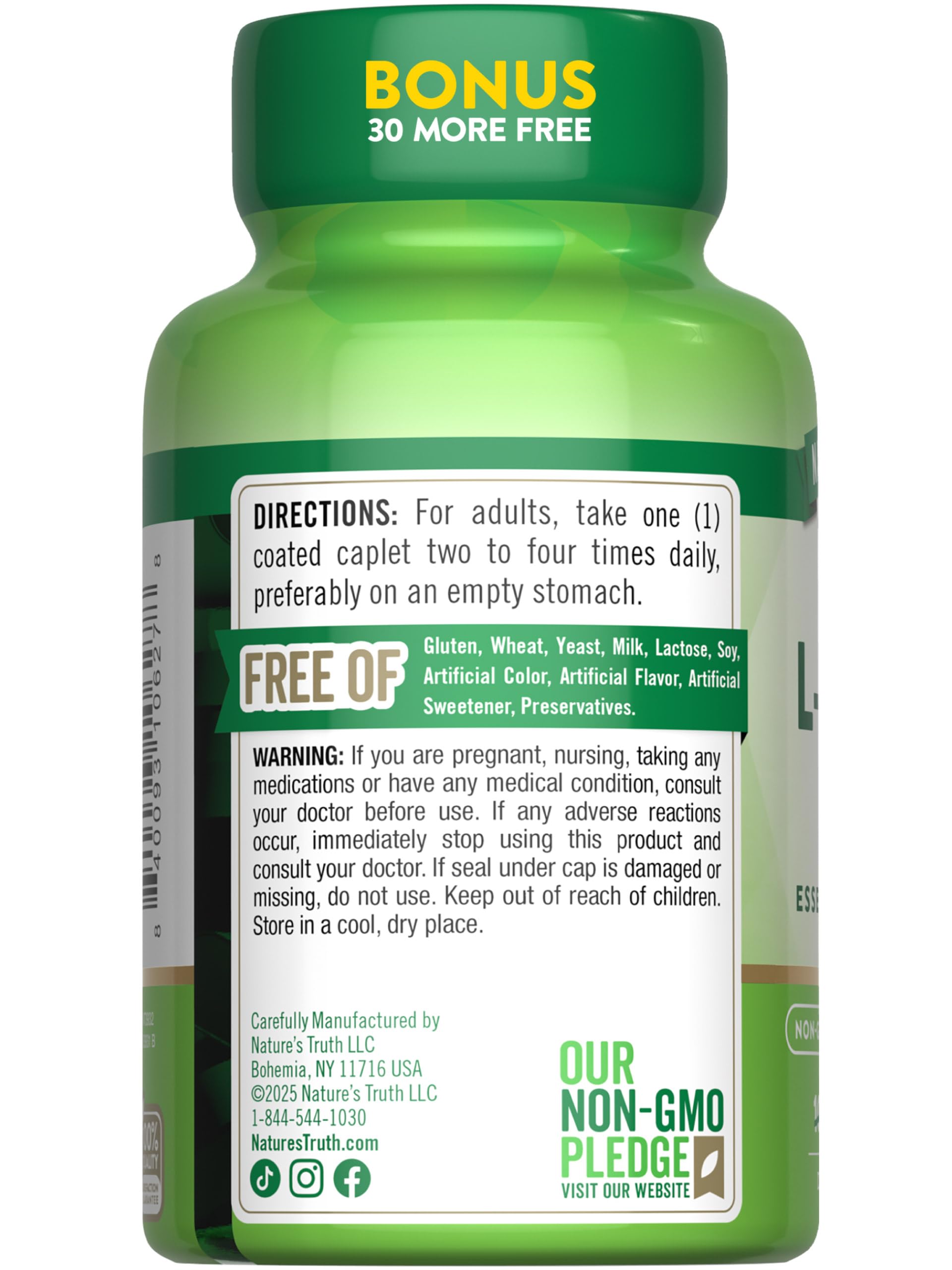 Nature's Truth L-Lysine Capsules packaging dimensions on a table