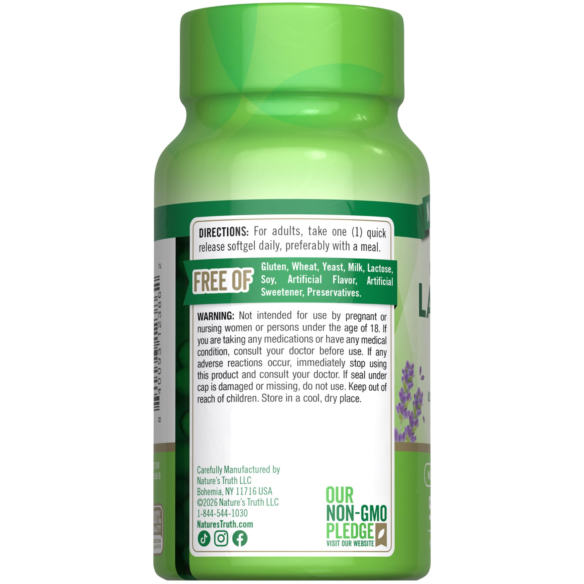 Nature's Truth Lavender Calm Softgels packaging on a wooden table