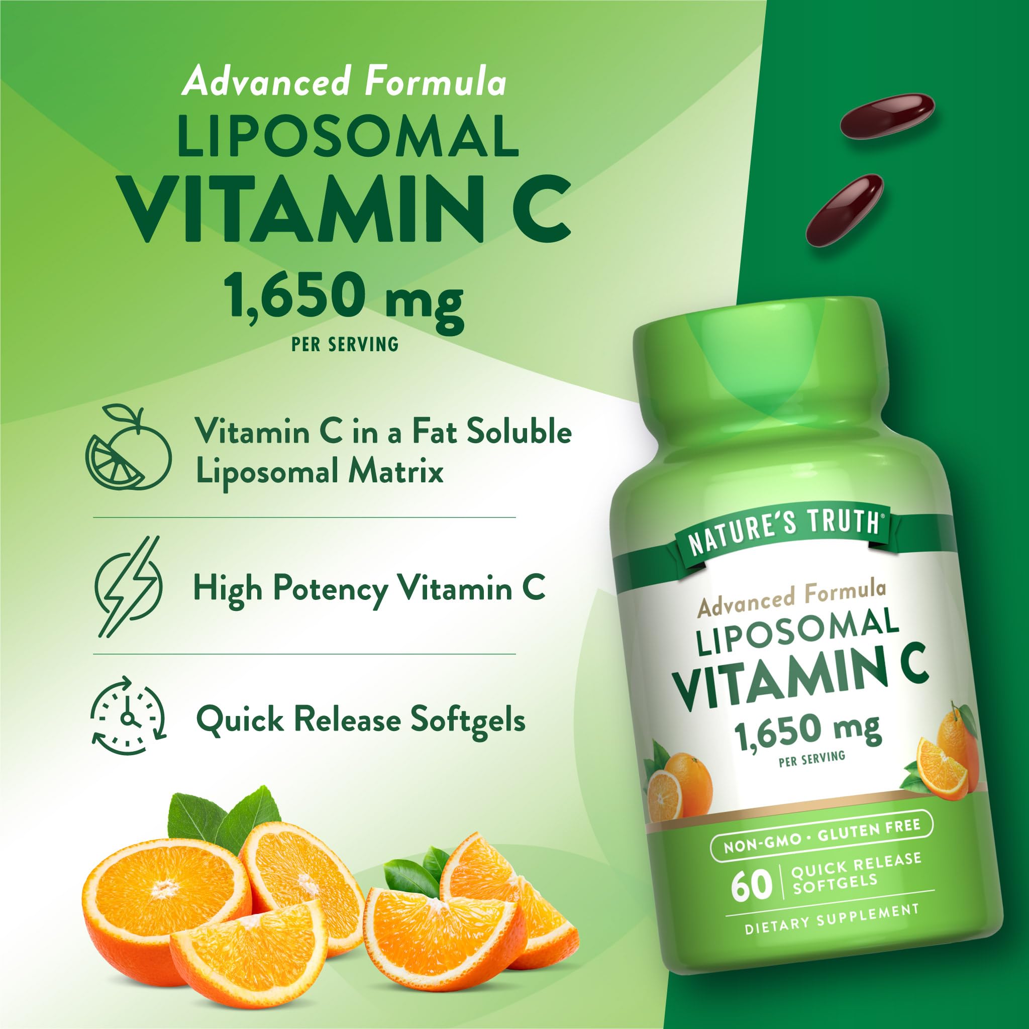 Nature's Truth Liposomal Vitamin C softgels with nutritional information