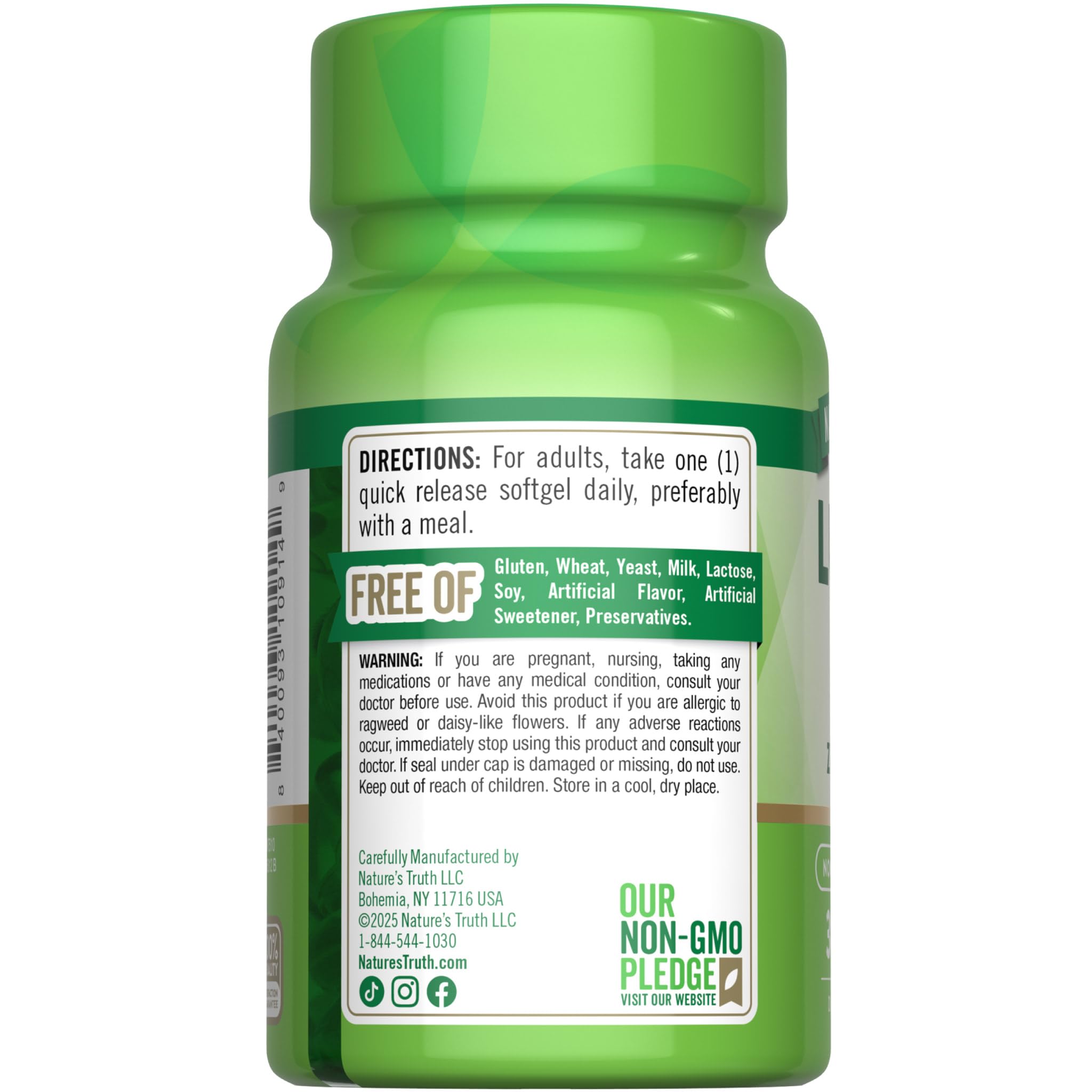 Nature's Truth Lutein Supplement showing capsule size