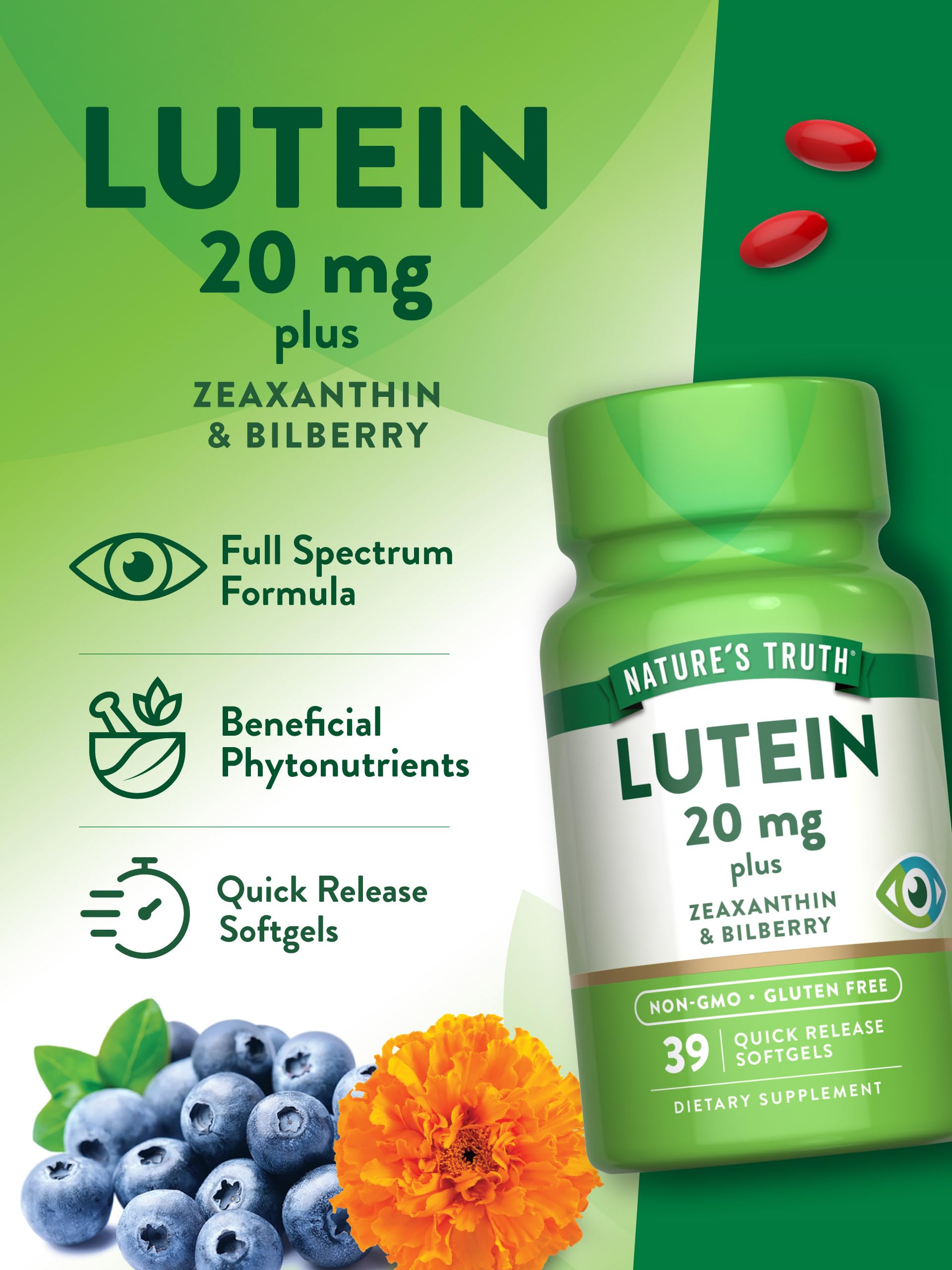 Nature's Truth Lutein & Zeaxanthin softgels on a wooden table
