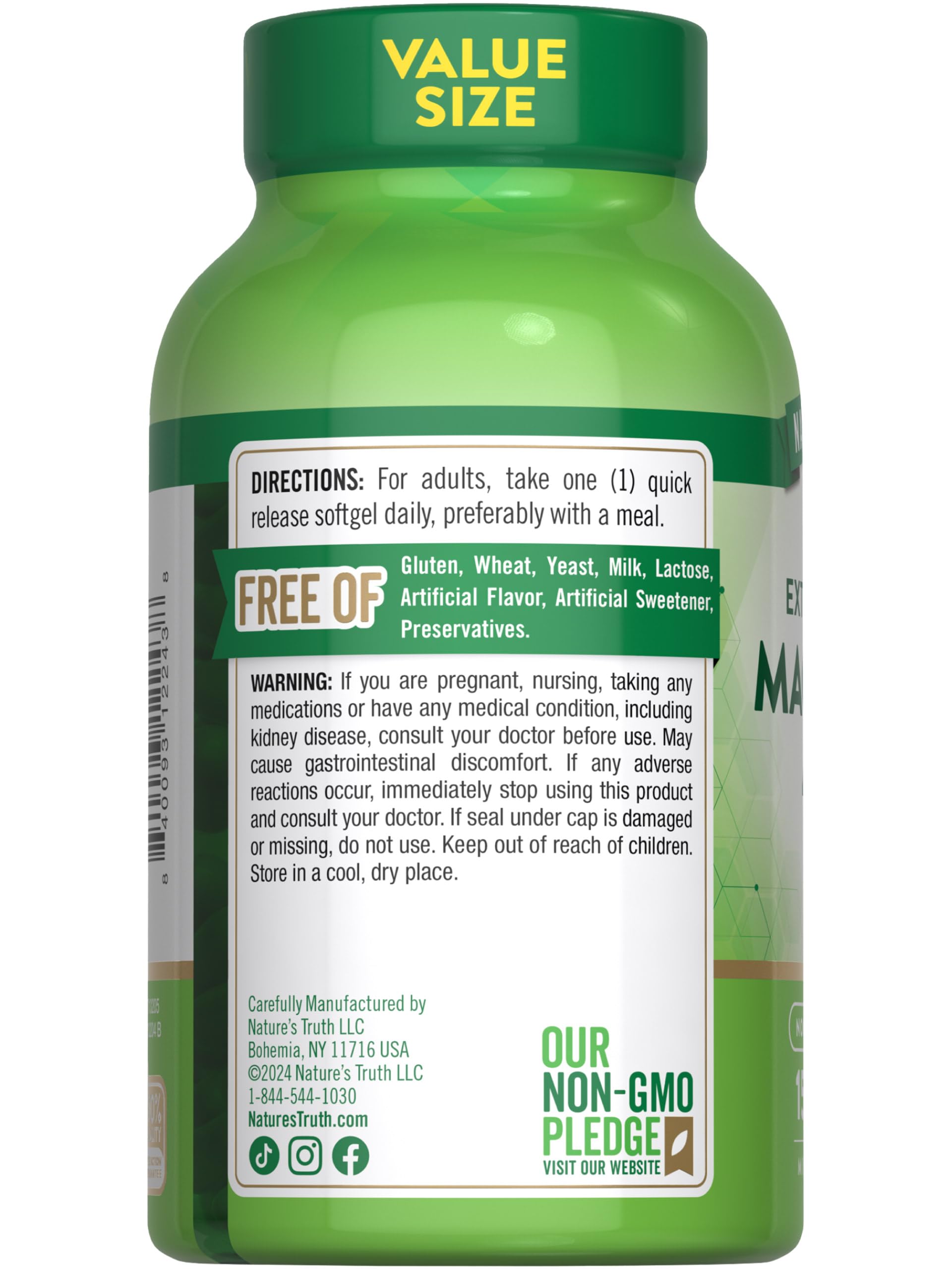 Nature's Truth Magnesium Extra Strength 400mg softgel with ingredients list