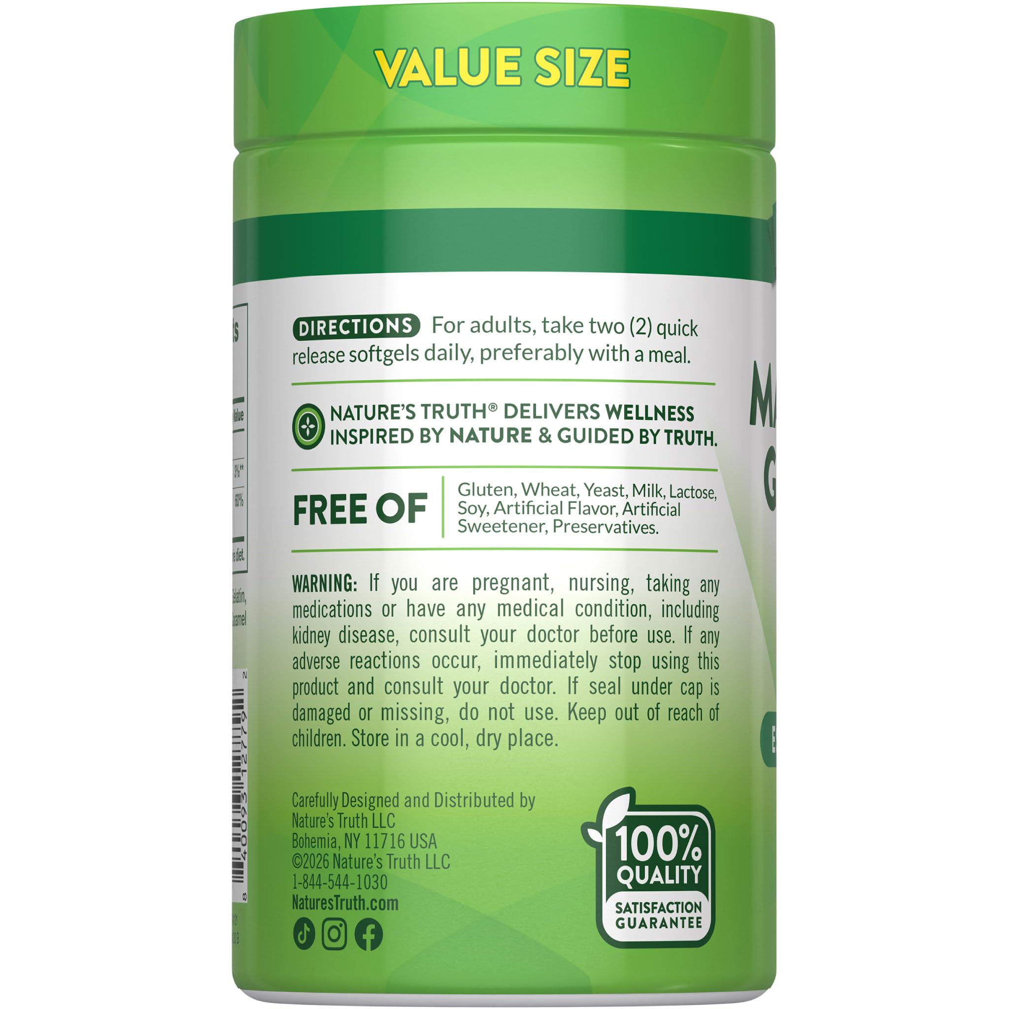 Nature's Truth Magnesium Glycinate 250mg softgel bottle side view