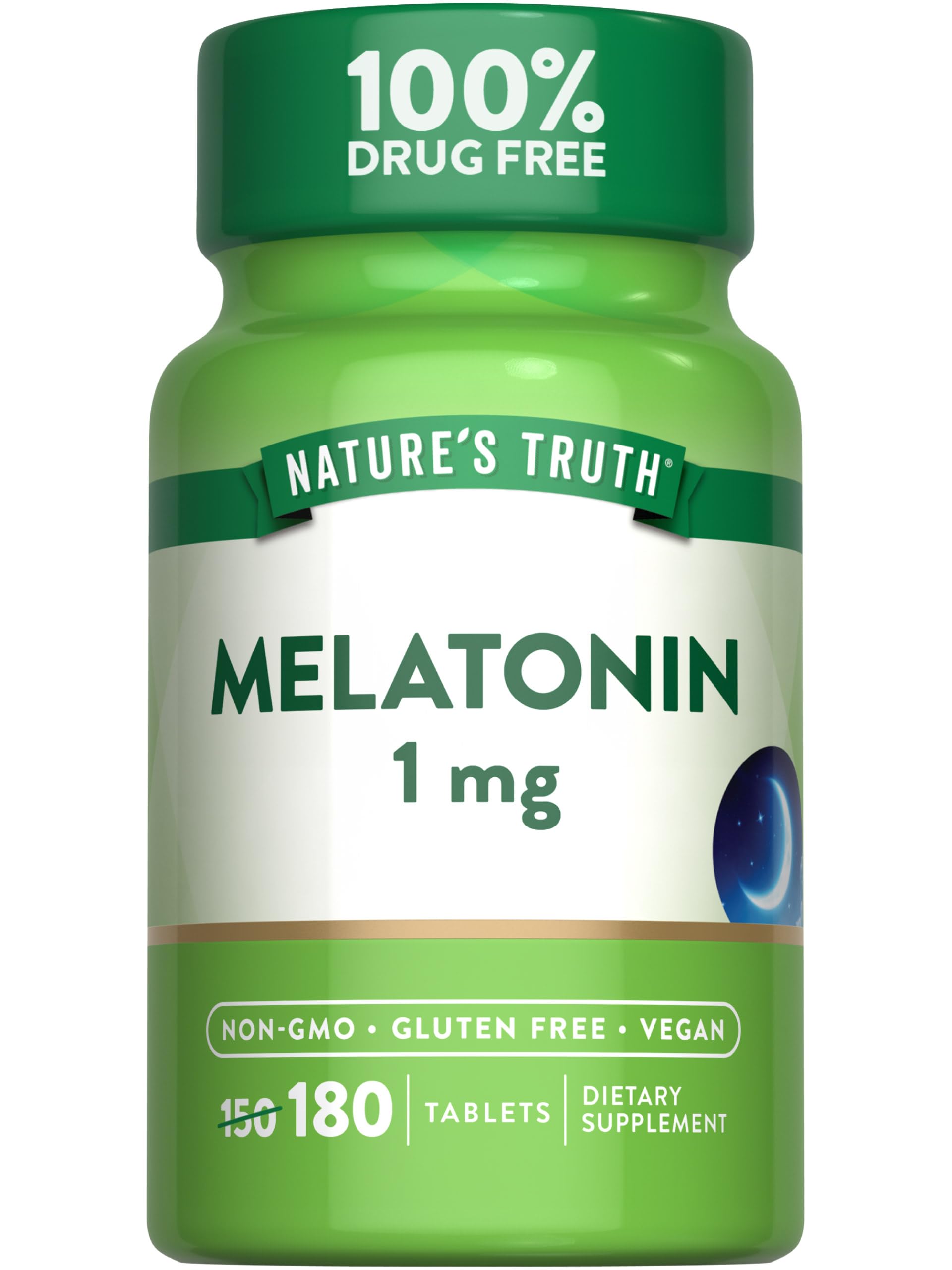 Nature's Truth Melatonin 1 mg tablets front view, 180 count