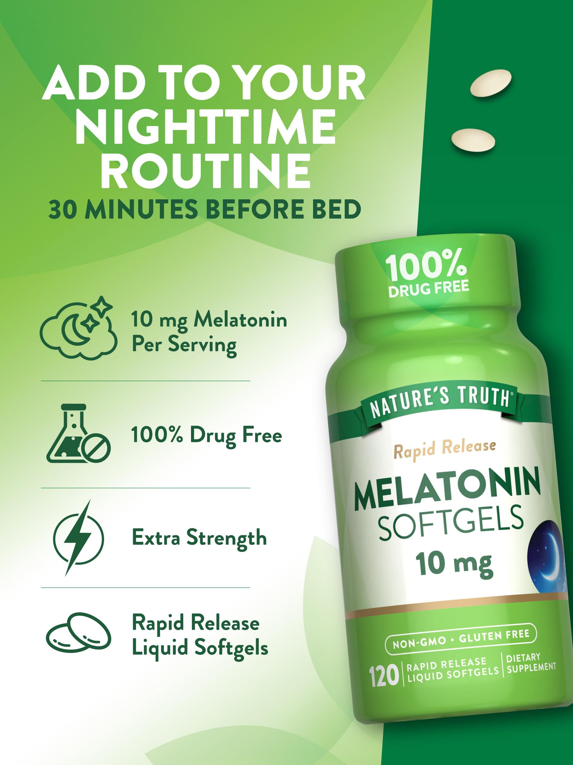 Nature's Truth Melatonin 10mg Rapid Release Softgels with ingredients