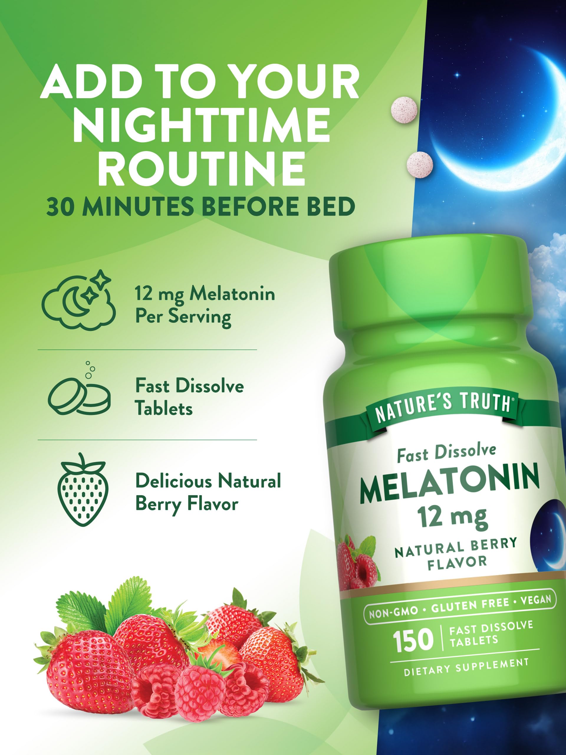 Nature's Truth Melatonin 12 mg Fast Dissolve Tablets showing dosage