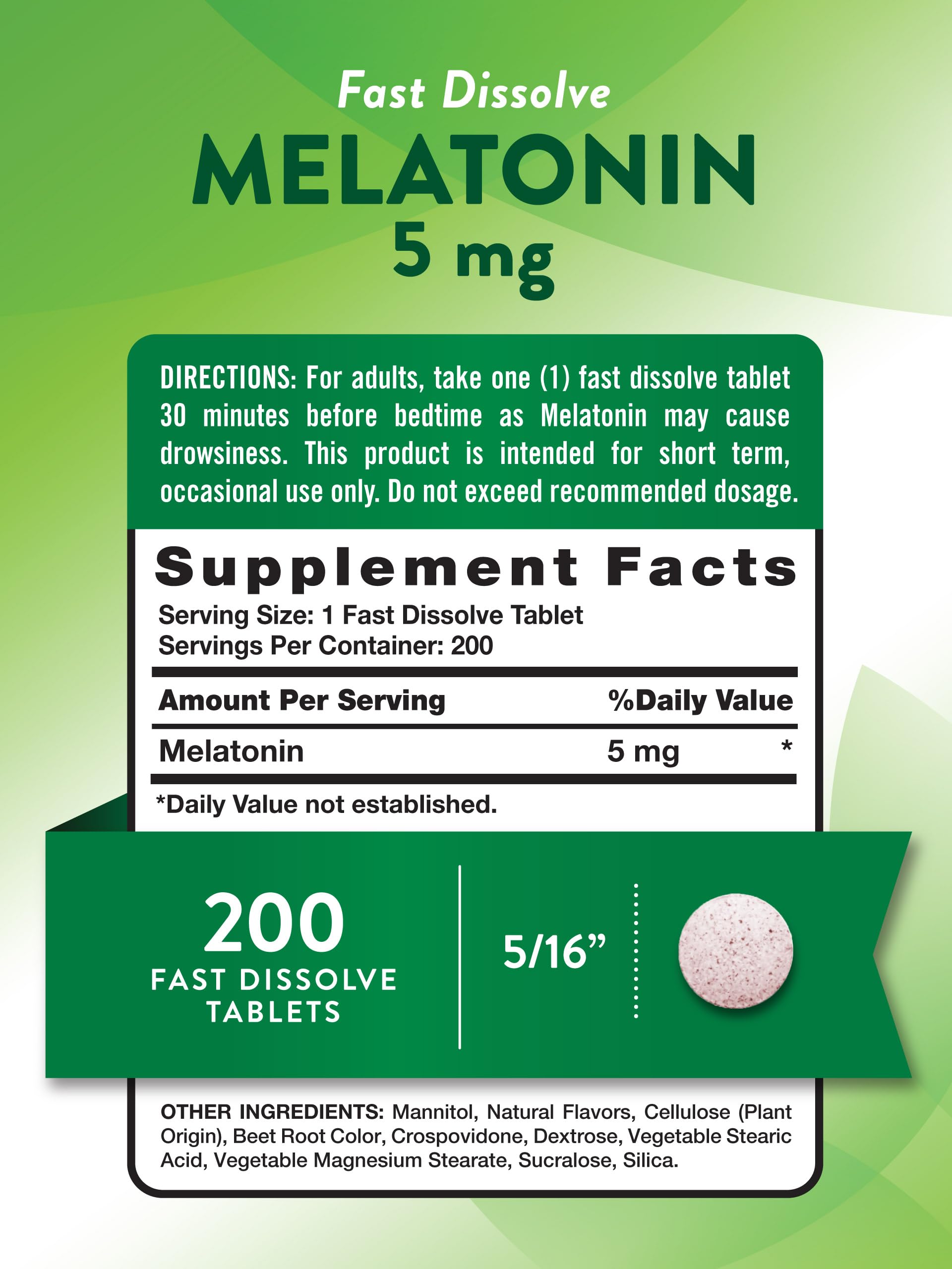 Nature's Truth Melatonin Fast Dissolve Tablets 5mg back view with ingredients