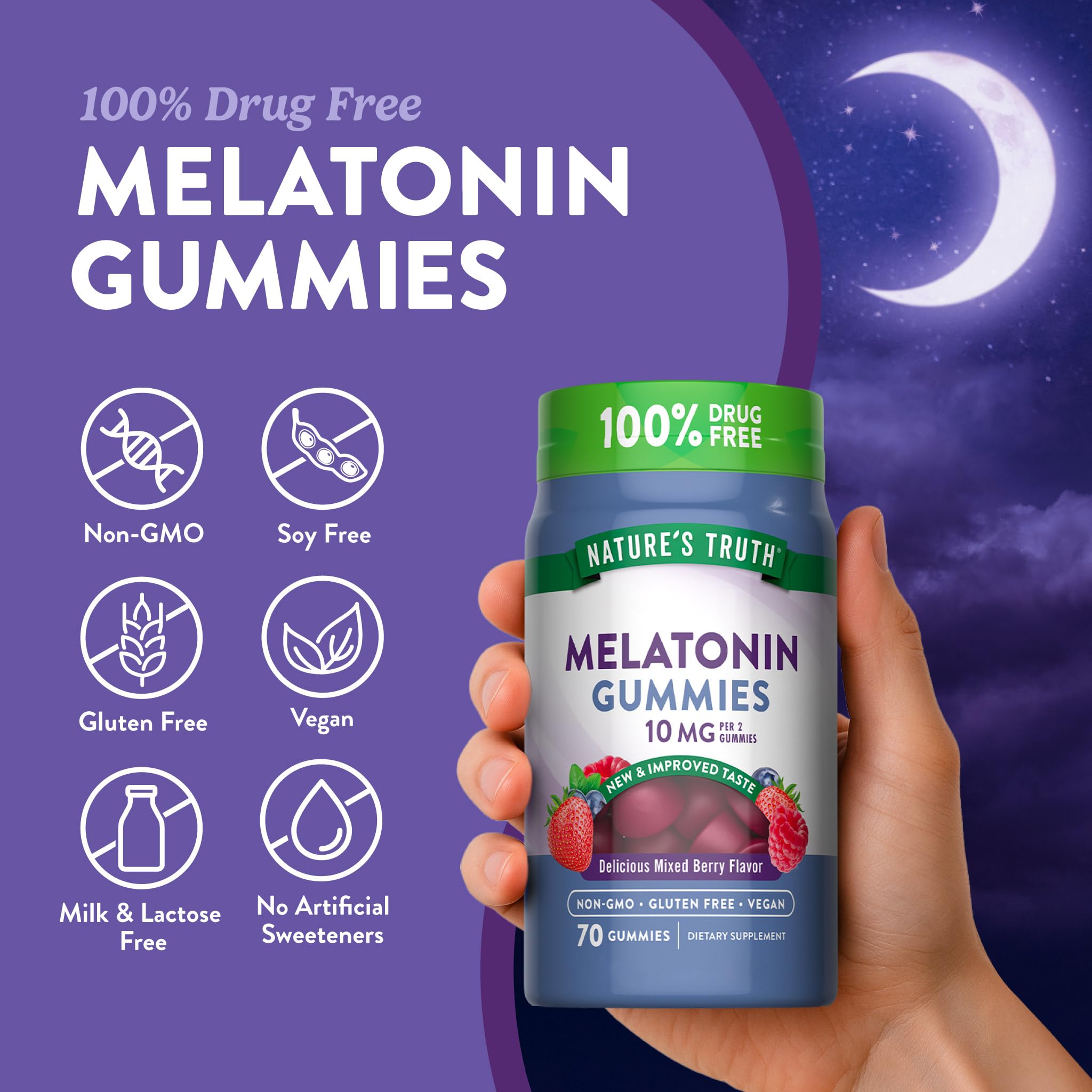Nature's Truth Melatonin Gummies 10mg 70 Count Berry Flavour close-up of gummies