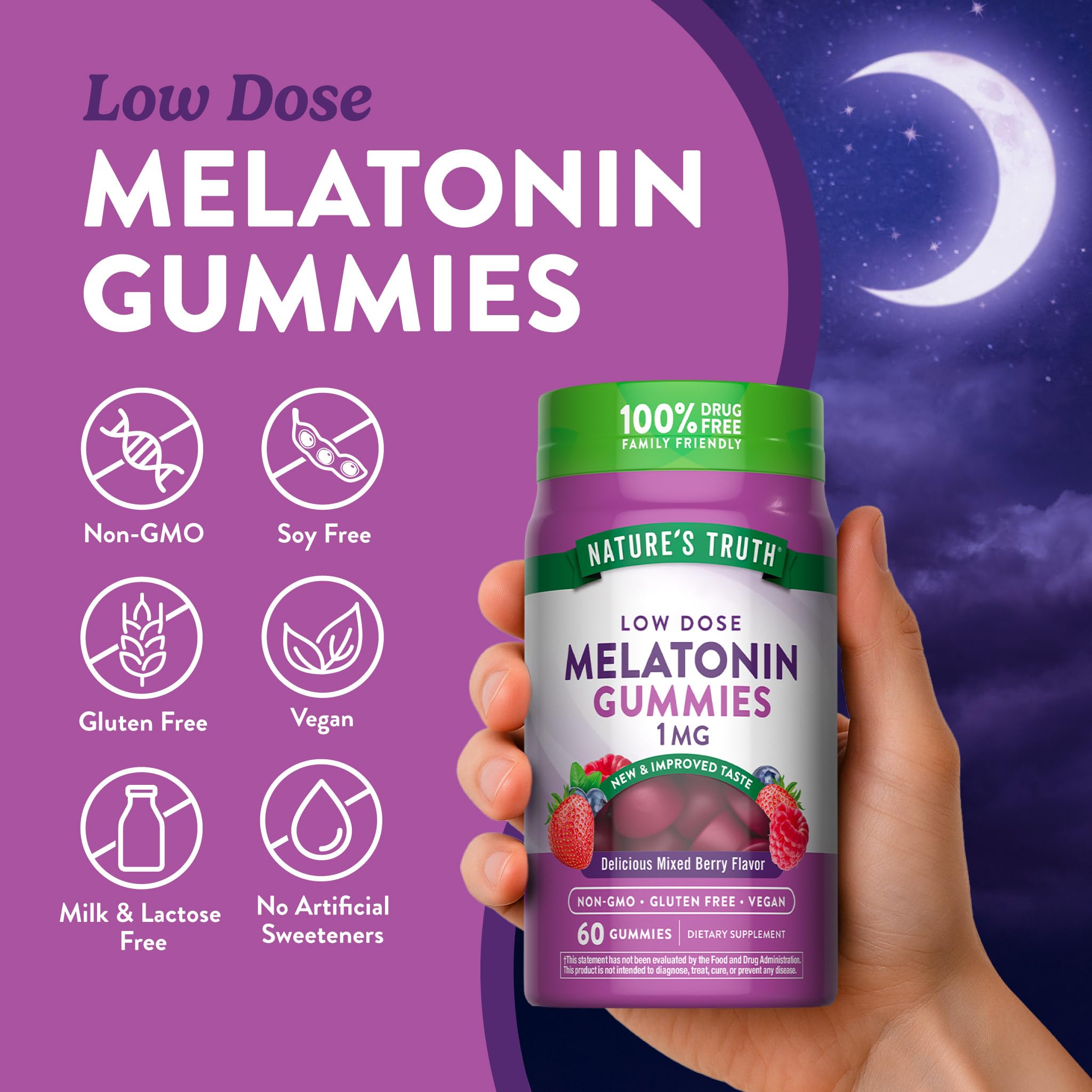 Nature's Truth Melatonin Gummies 1mg gummies displayed on a table