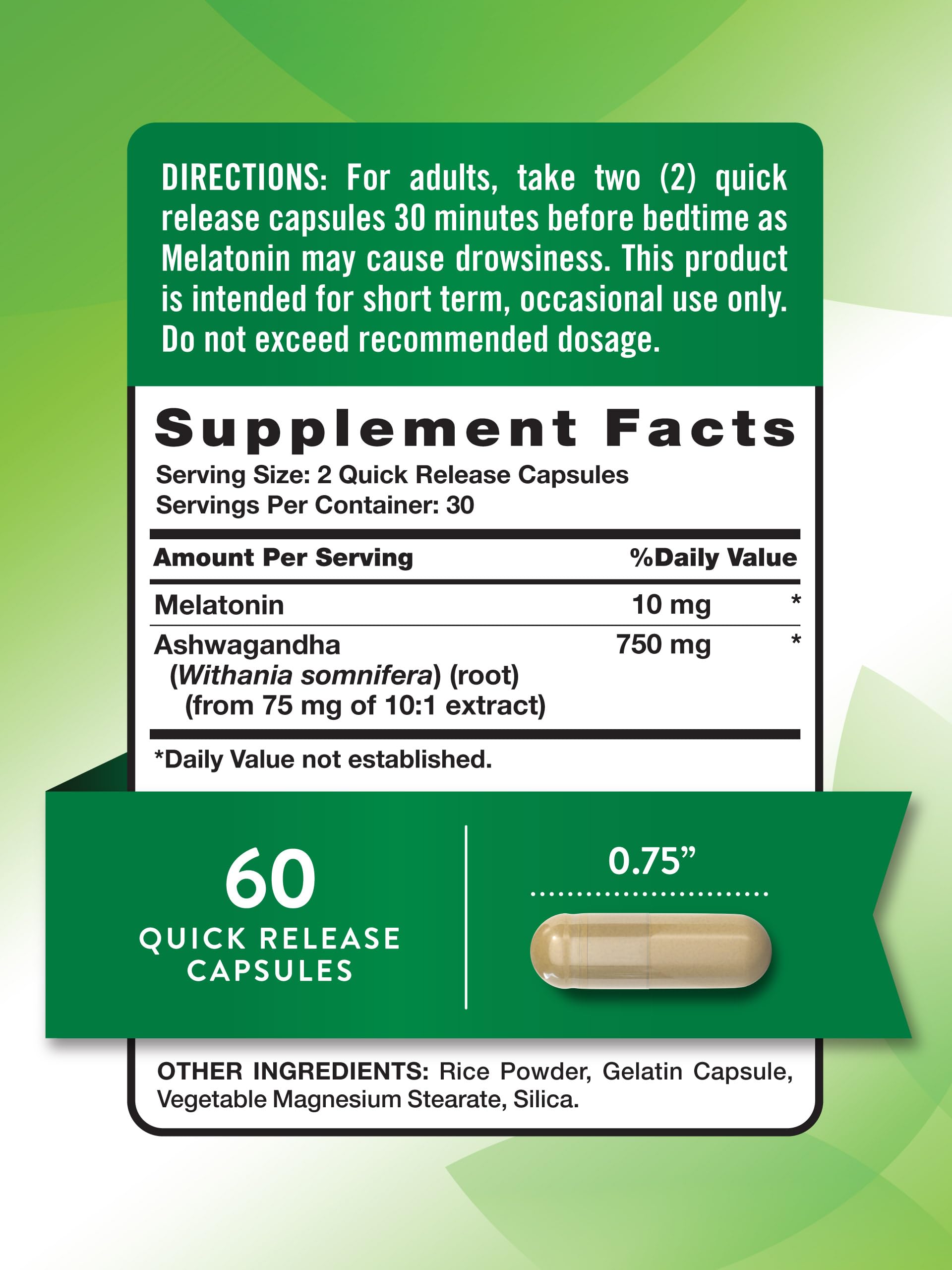Nature's Truth Melatonin Plus Ashwagandha capsules back view