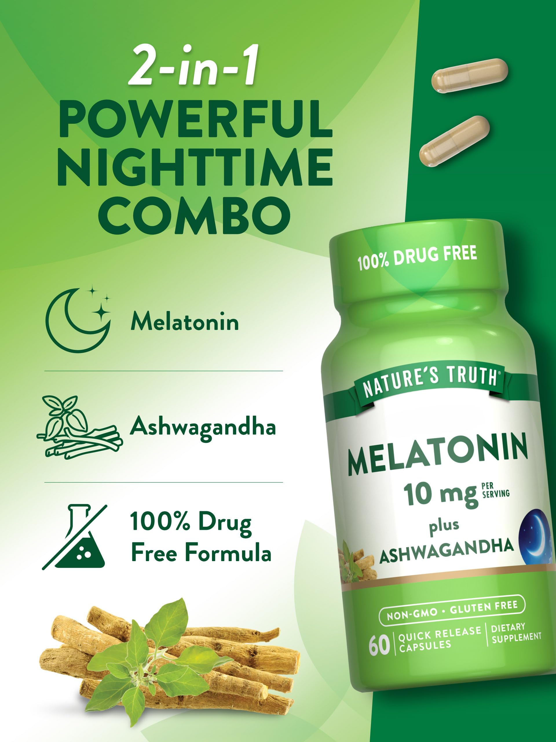 Nature's Truth Melatonin Plus Ashwagandha capsules on a wooden table