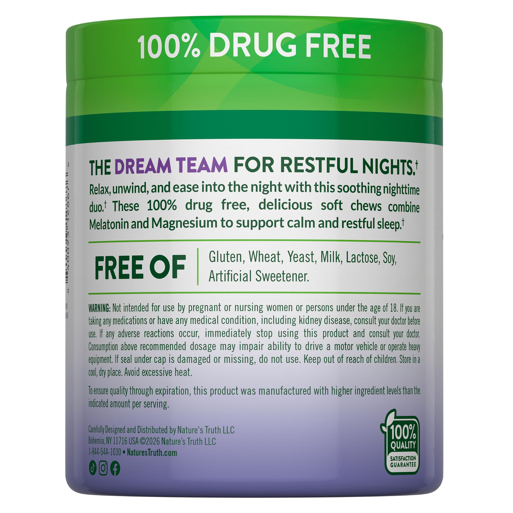 Nature's Truth Melatonin with Magnesium Soft Chews with a glass of water