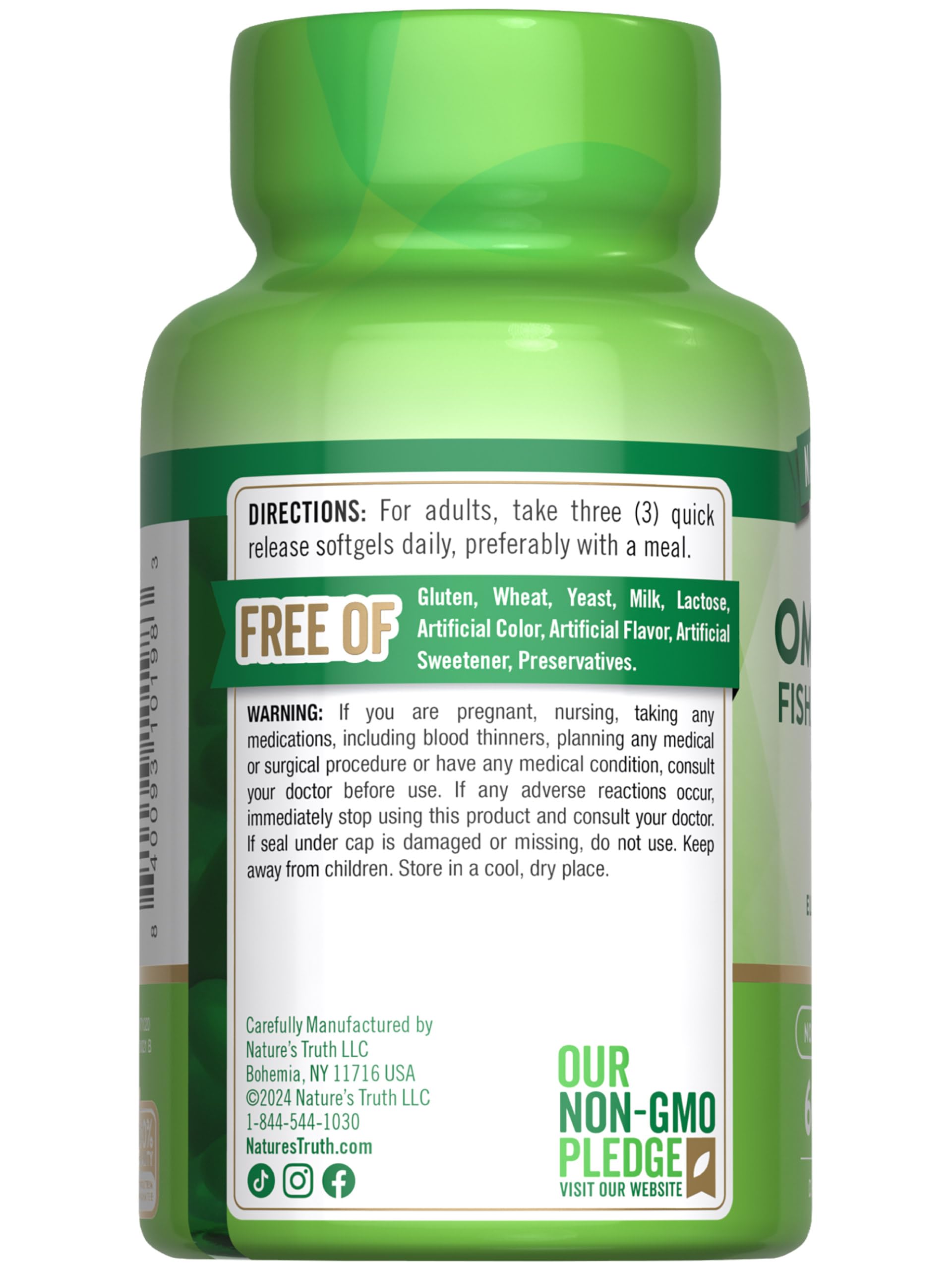 Nature's Truth Omega-3 Fish Oil 3600mg supplement on a wooden table