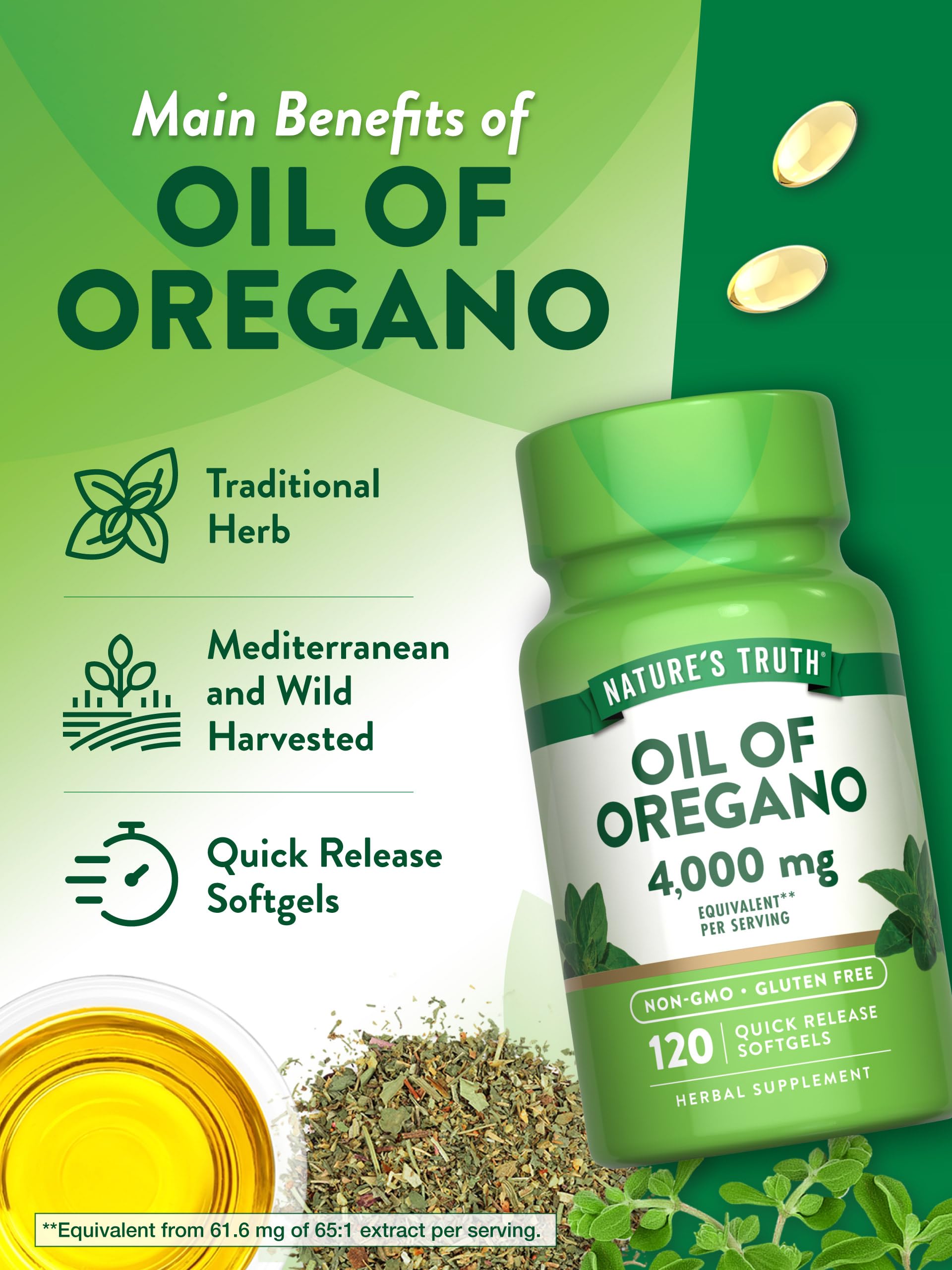 Nature's Truth Oregano Oil Softgels on a wooden table