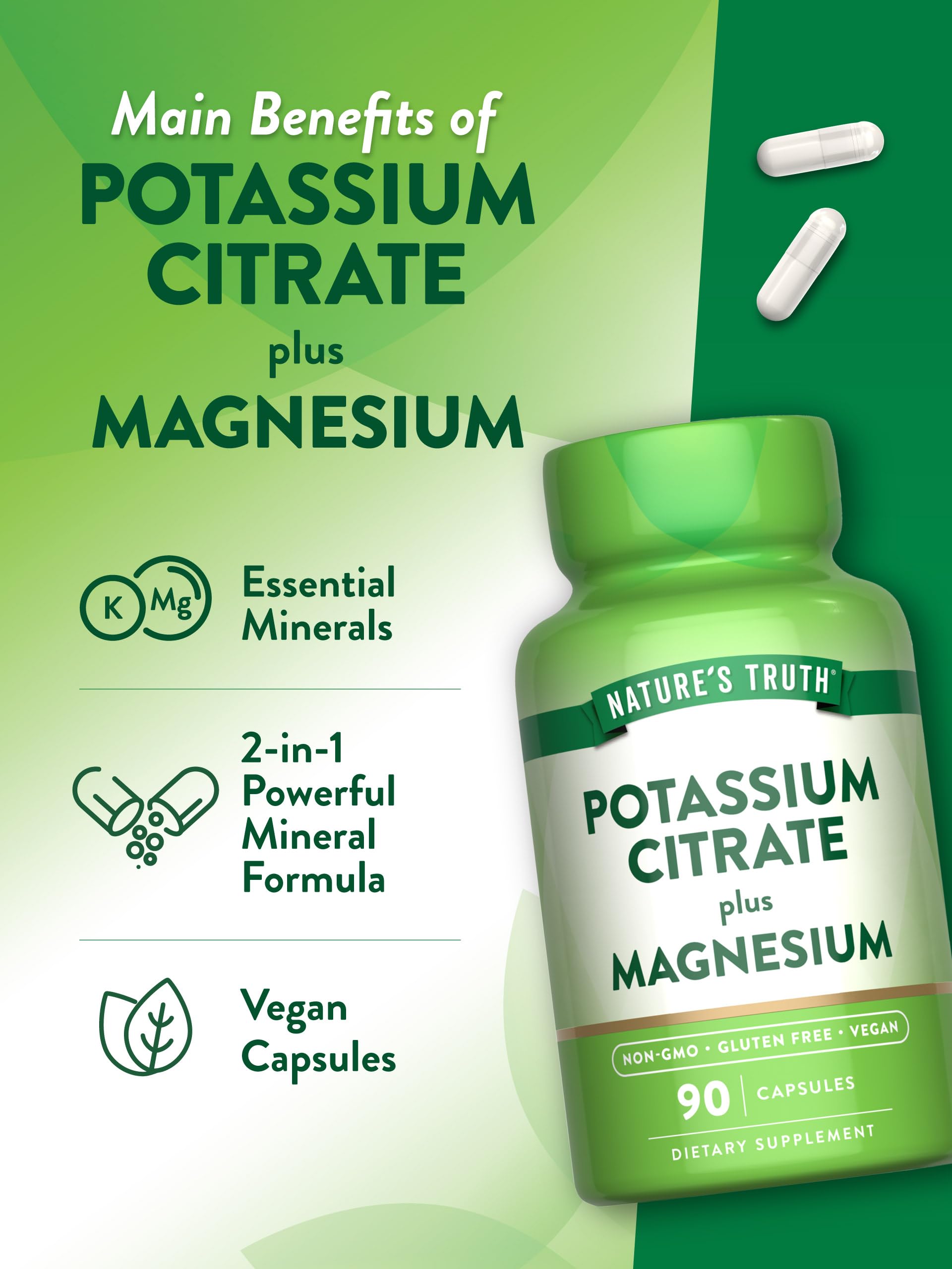 Nature's Truth Potassium Citrate Plus Magnesium Capsules on a wooden table