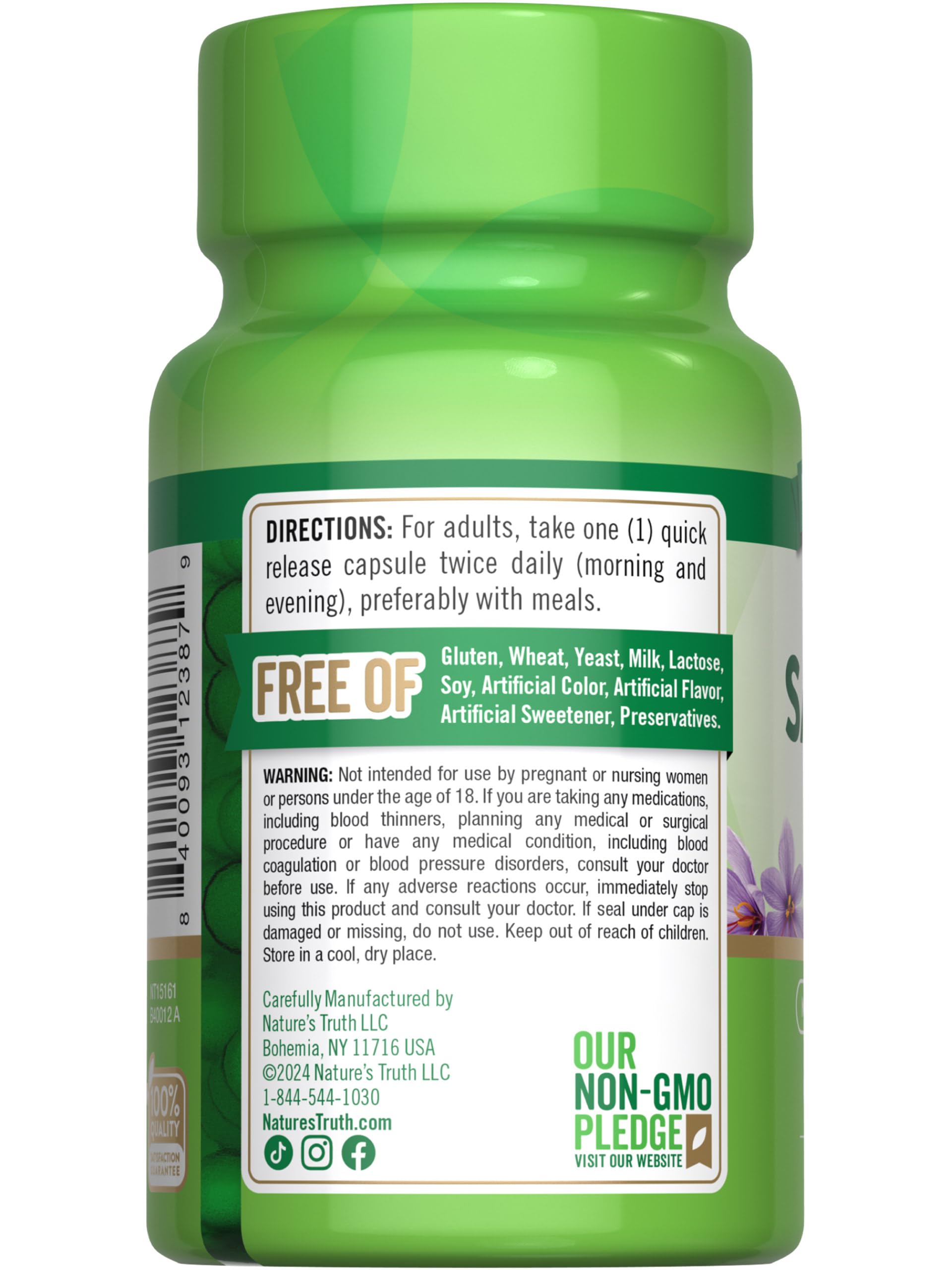 Nature's Truth Saffron Extract Capsules with a glass of water