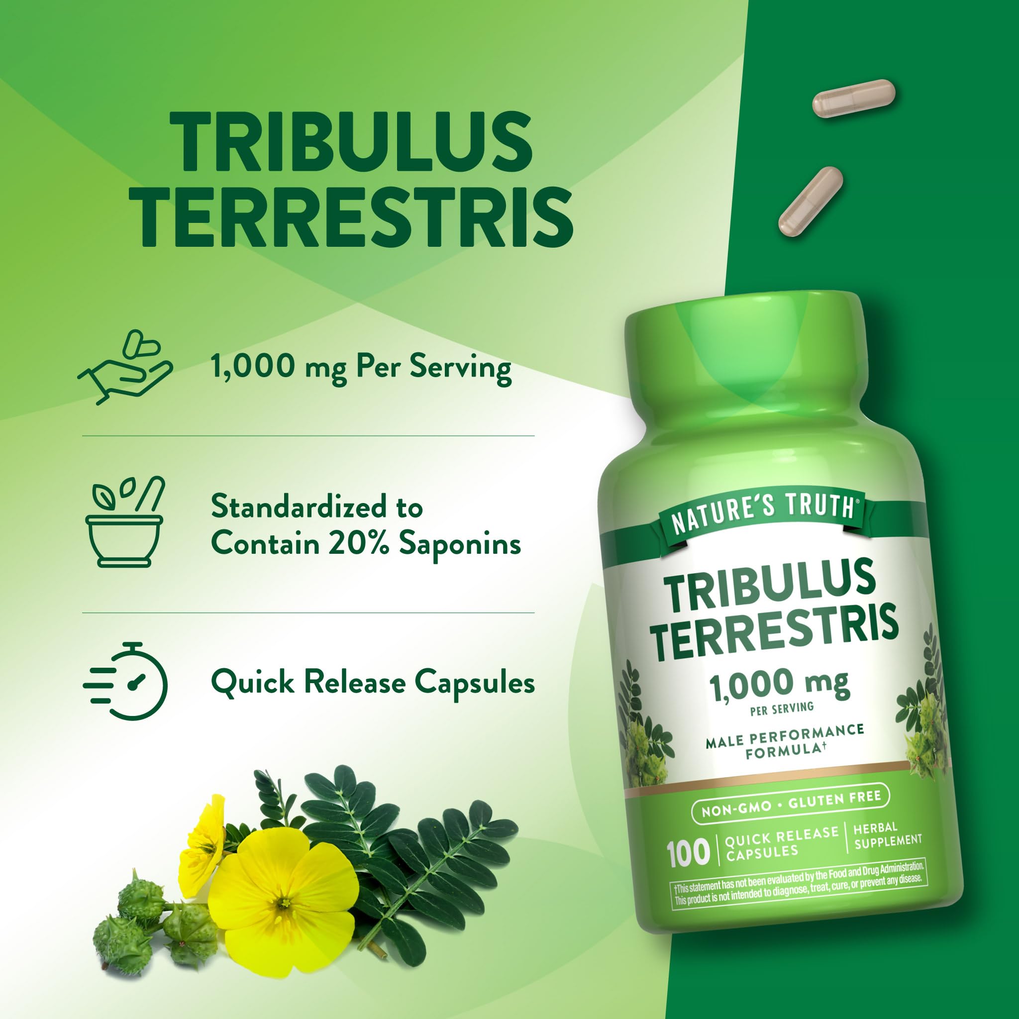 Nature's Truth Tribulus Terrestris bottle with capsules on a wooden table