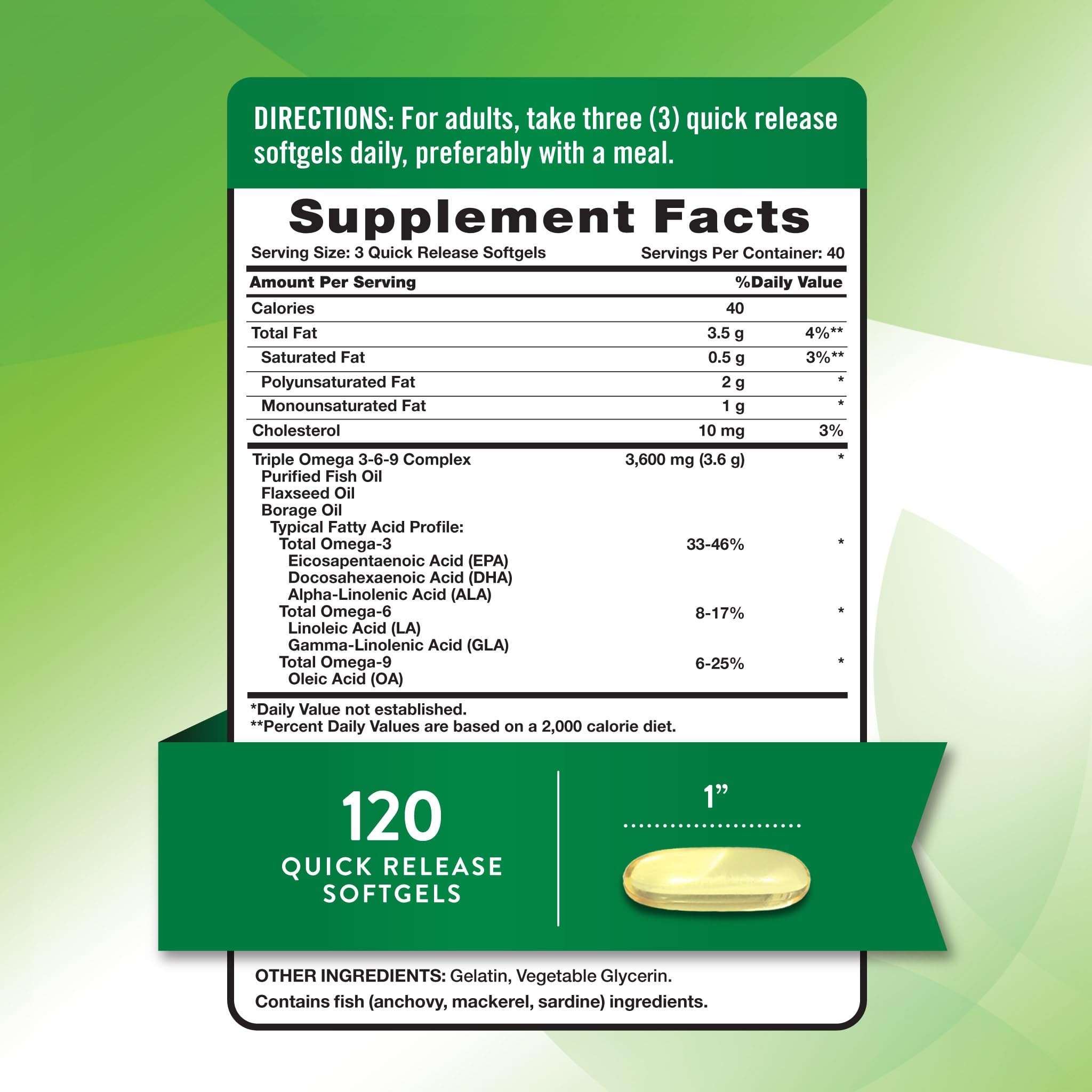 Nature's Truth Triple Omega 3-6-9 Complex 3600mg capsules side view